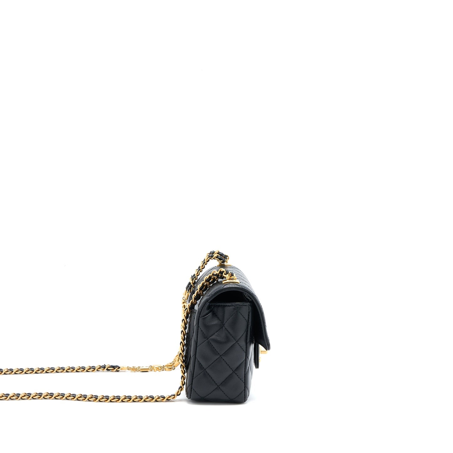 Chanel Seasonal Flap Bag with Detail Chain Lambskin Black Brushed  (Microchip)
