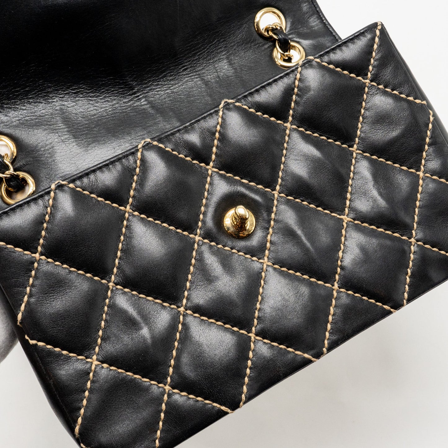 Chanel  quilted flap bag lambskin black with white stitching