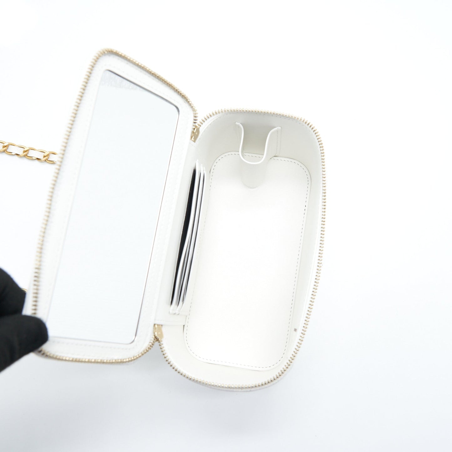 Chanel 22S Logo Top Handle Long Vanity With Chain Caviar White