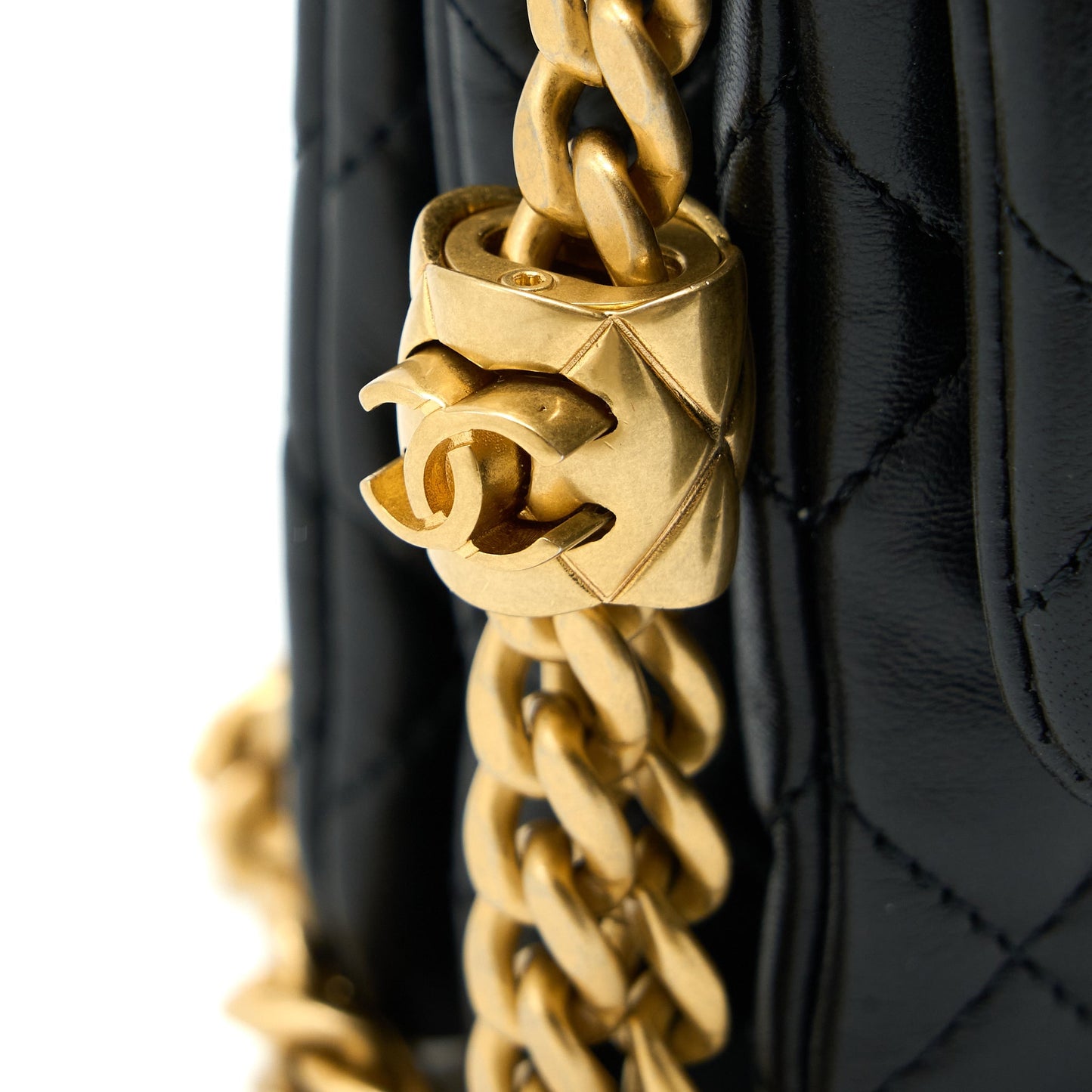 Chanel 22K Gold Pillar Adjustable Chain Flap Bag Lambskin Black Brushed  (Microchip)