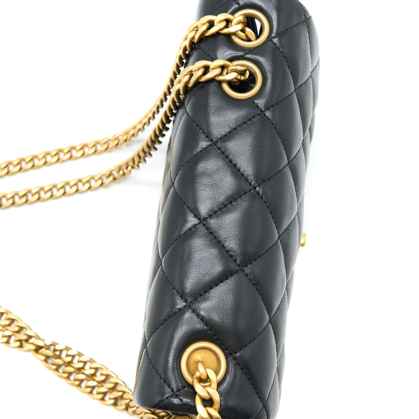 Chanel 22K Gold Pillar Adjustable Chain Flap Bag Lambskin Black Brushed  (Microchip)