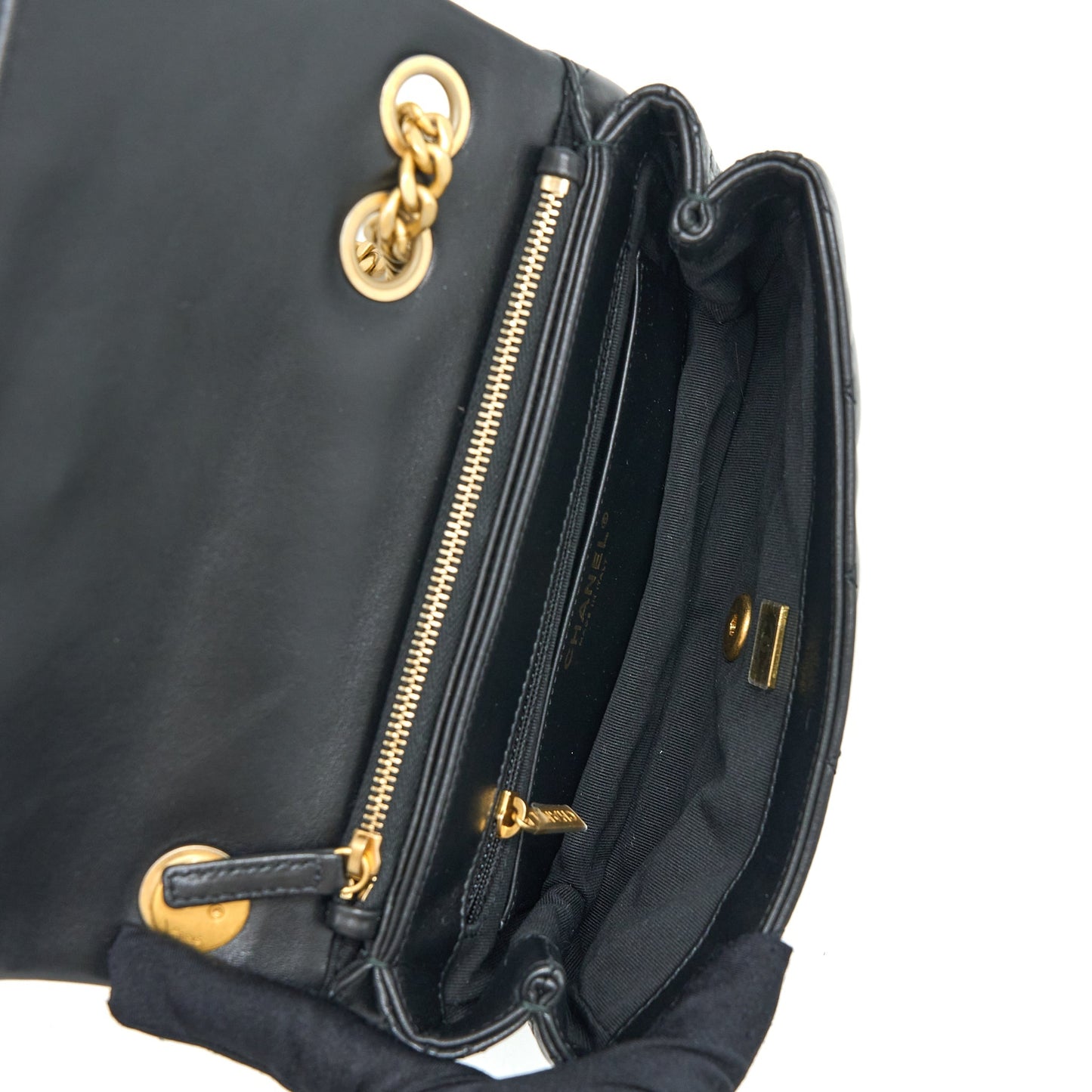 Chanel 22K Gold Pillar Adjustable Chain Flap Bag Lambskin Black Brushed  (Microchip)