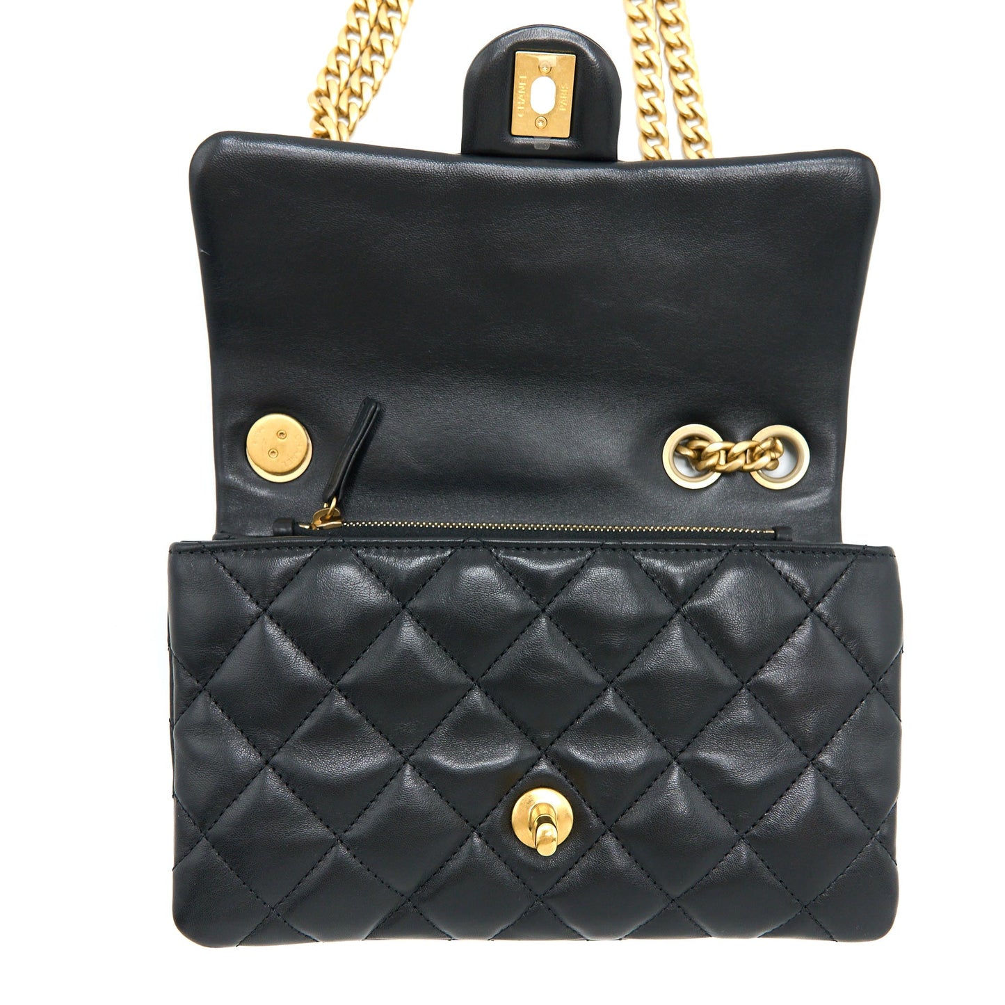 Chanel 22K Gold Pillar Adjustable Chain Flap Bag Lambskin Black Brushed  (Microchip)