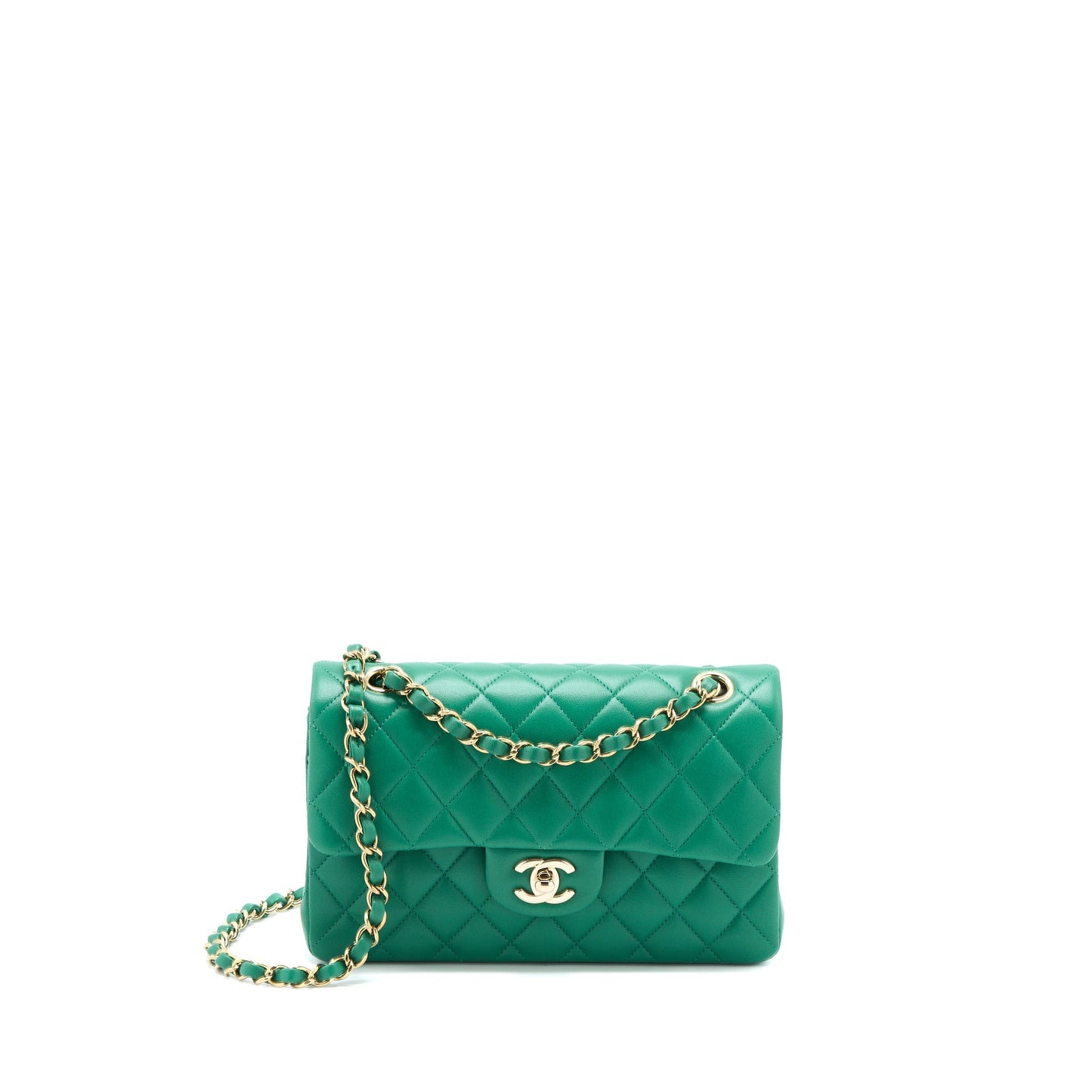 Chanel Small Classic Double Flap Bag Lambskin Green L(Microchip)