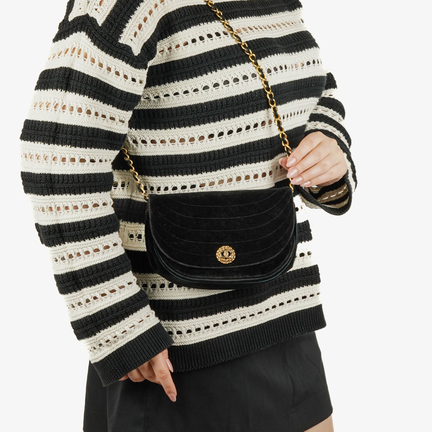 Chanel Black Velvet Half Moon Shoulder Bag