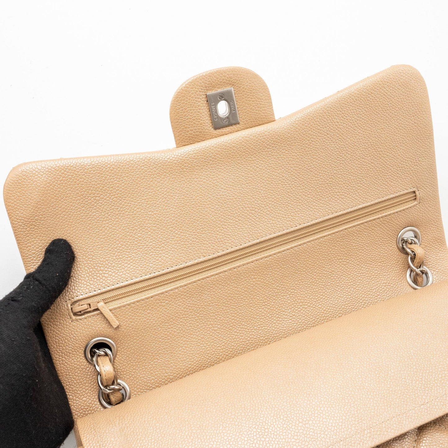 Chanel classic jumbo double flap bag caviar iridescent beige brushed