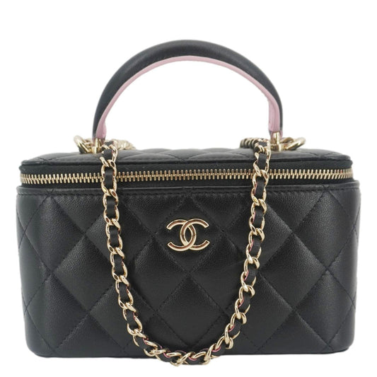 Chanel Vanity Case Quilted Leather Top Handle Crossbody Bag Black