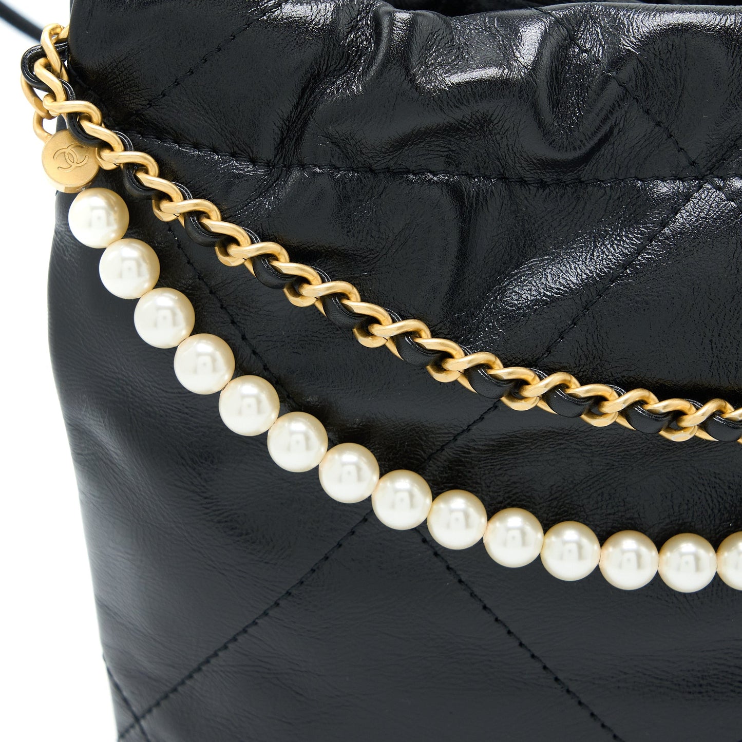 Chanel 23S Mini 22 Bag with Pearl Shiny Calfskin Black  (Microchip)