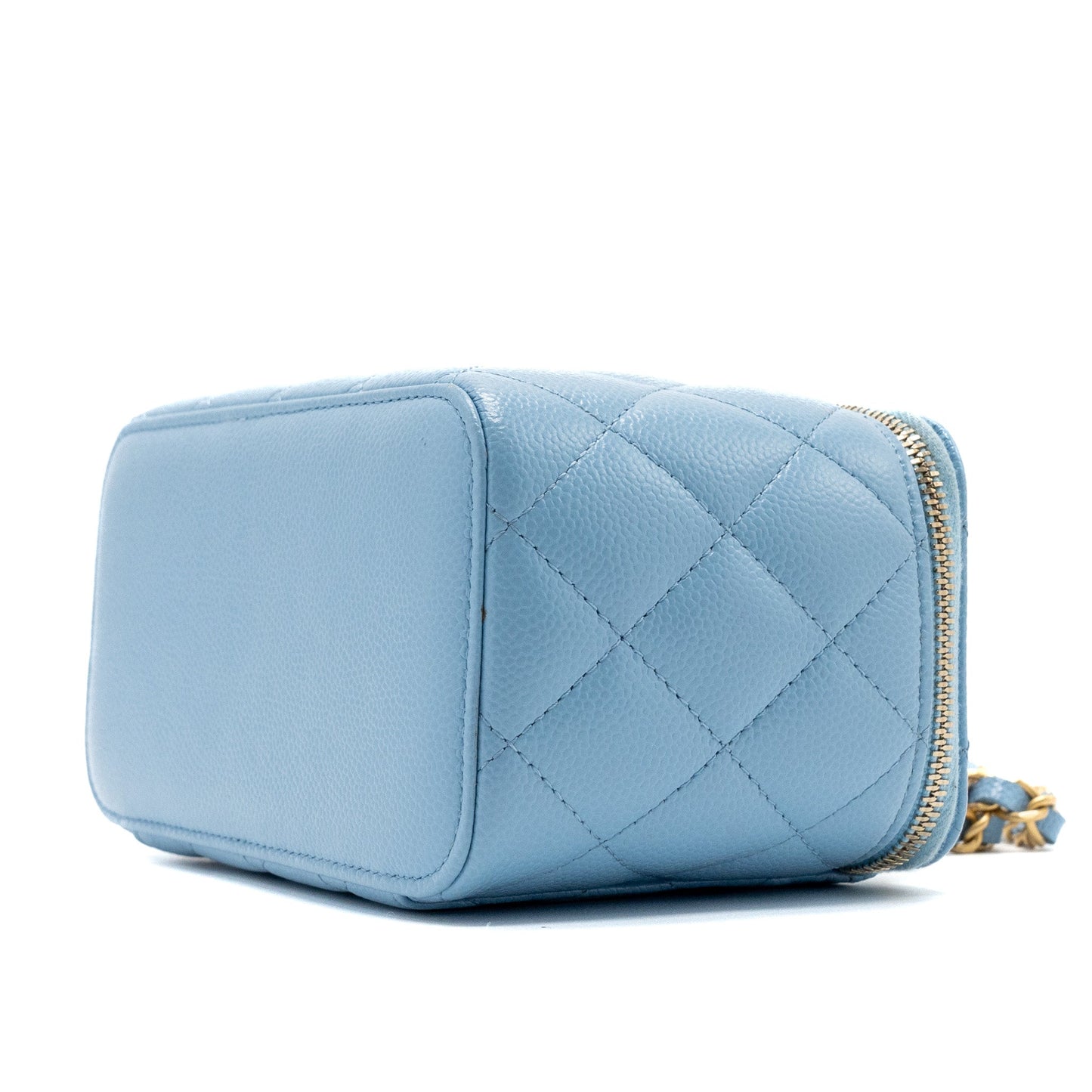 Chanel detailed top handle long vanity with chain caviar light blue