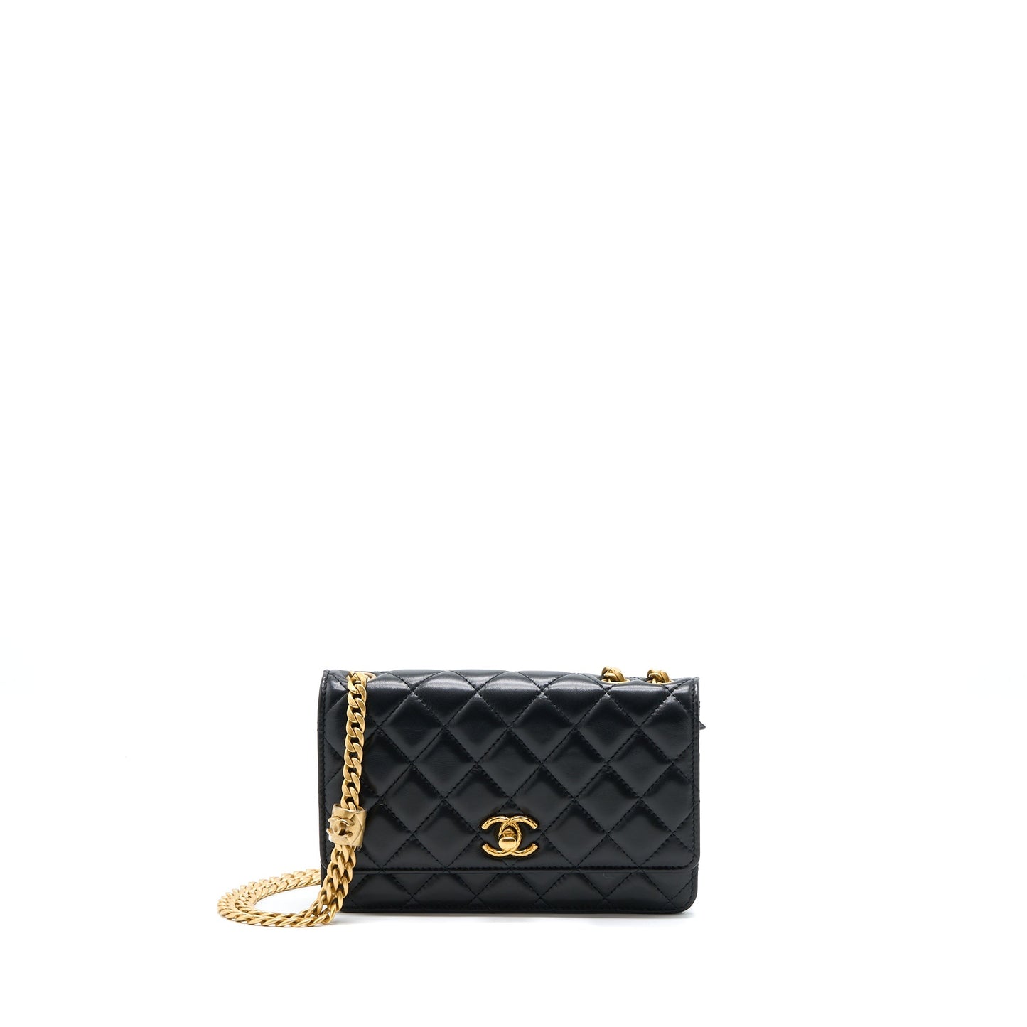 Chanel 22K Gold Pillar Wallet On Chain Lambskin Black Brushed (Microchip)