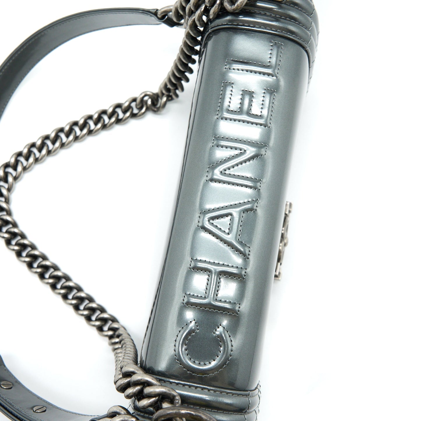 Chanel Medium Boy Bag Patent Grey Ruthenium
