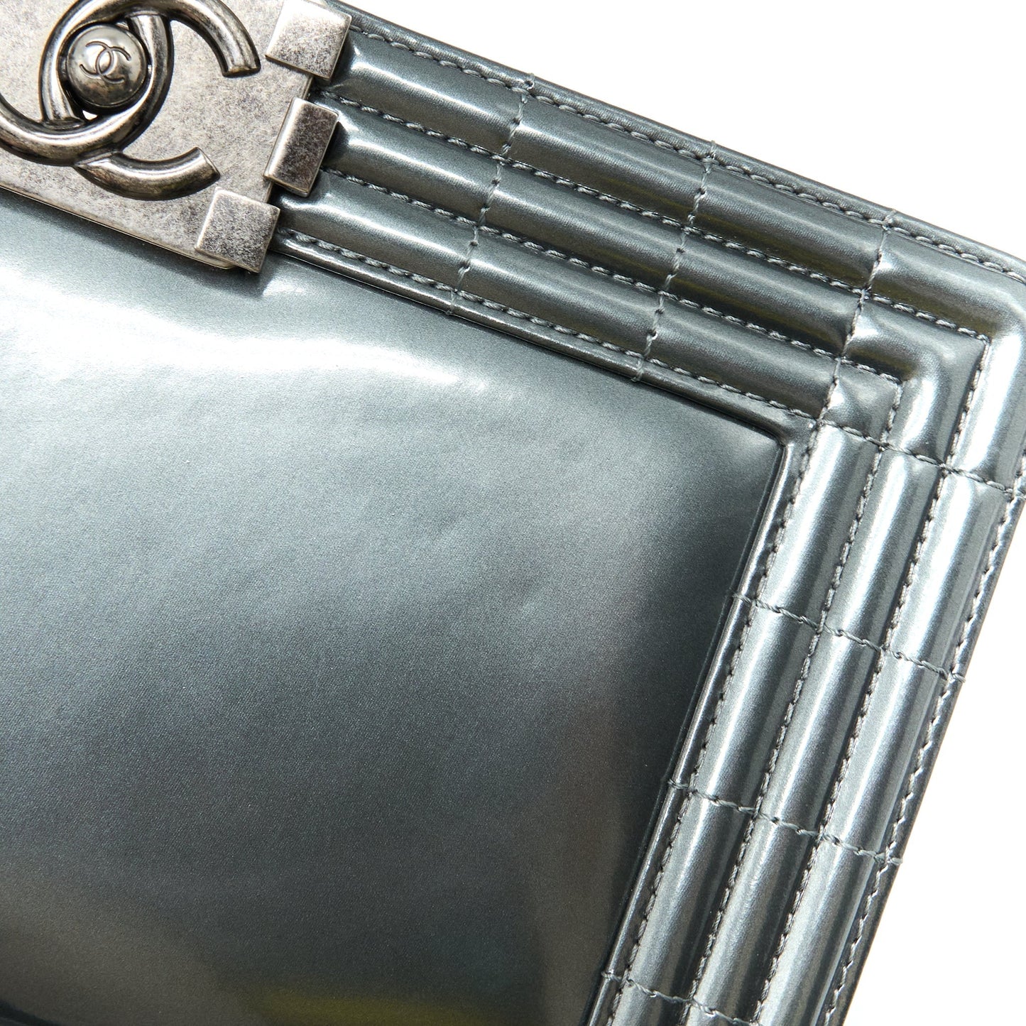 Chanel Medium Boy Bag Patent Grey Ruthenium
