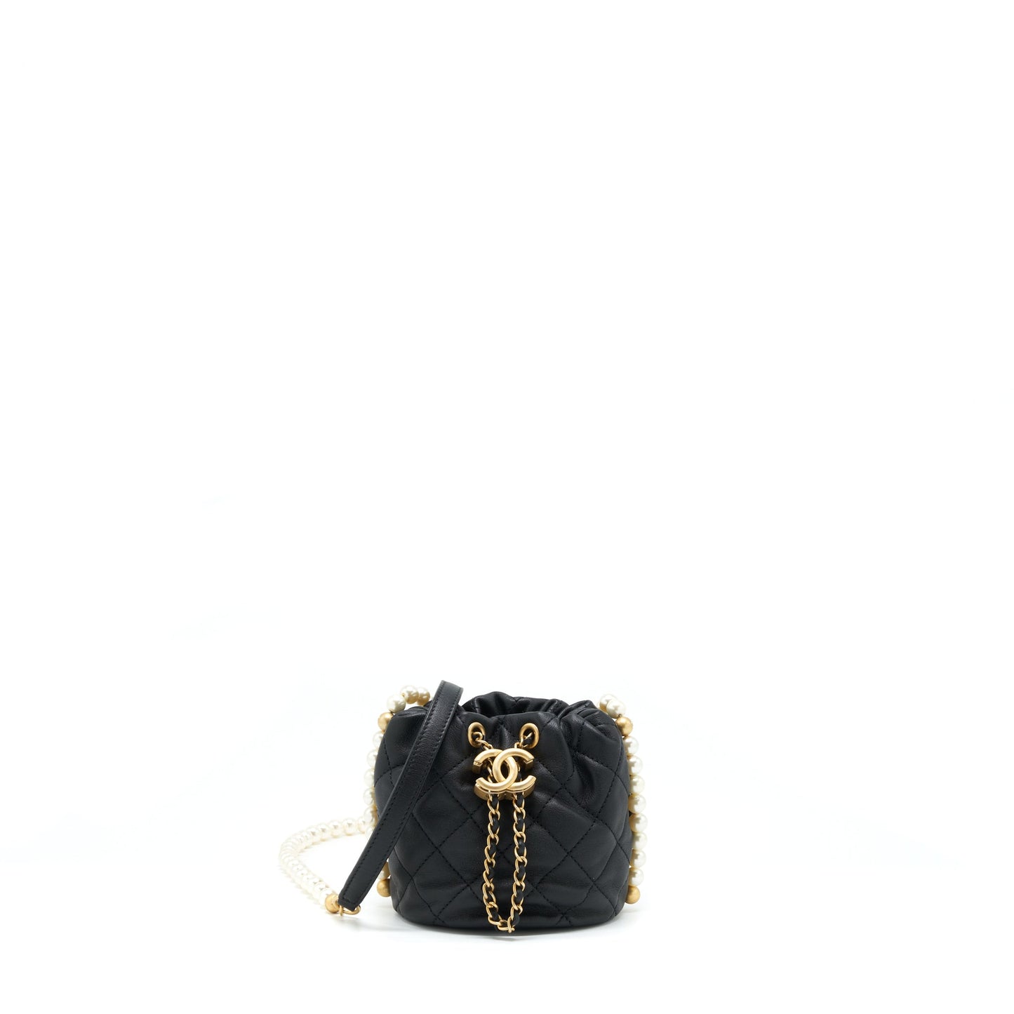 Chanel Mini Bucket Bag With Pearl Chain Lambskin Black