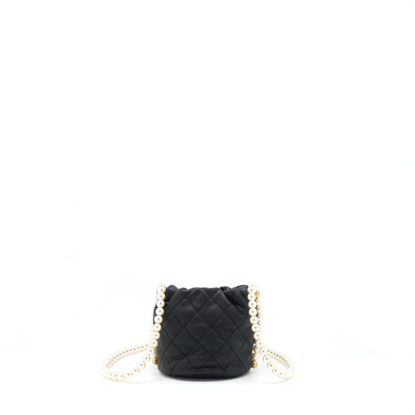 Chanel Mini Bucket Bag With Pearl Chain Lambskin Black