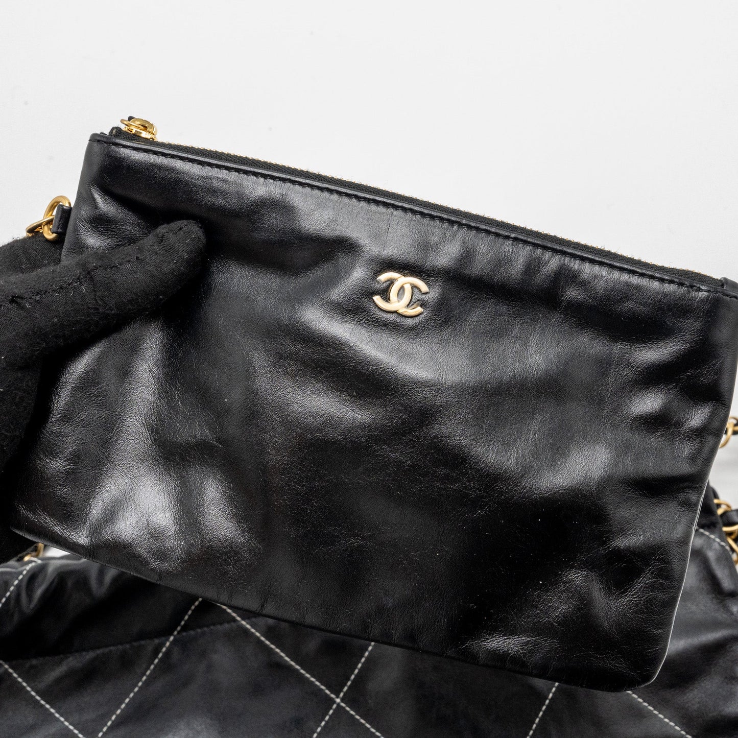 Chanel small 22 bag calfskin with white Stitching black  (microchip)