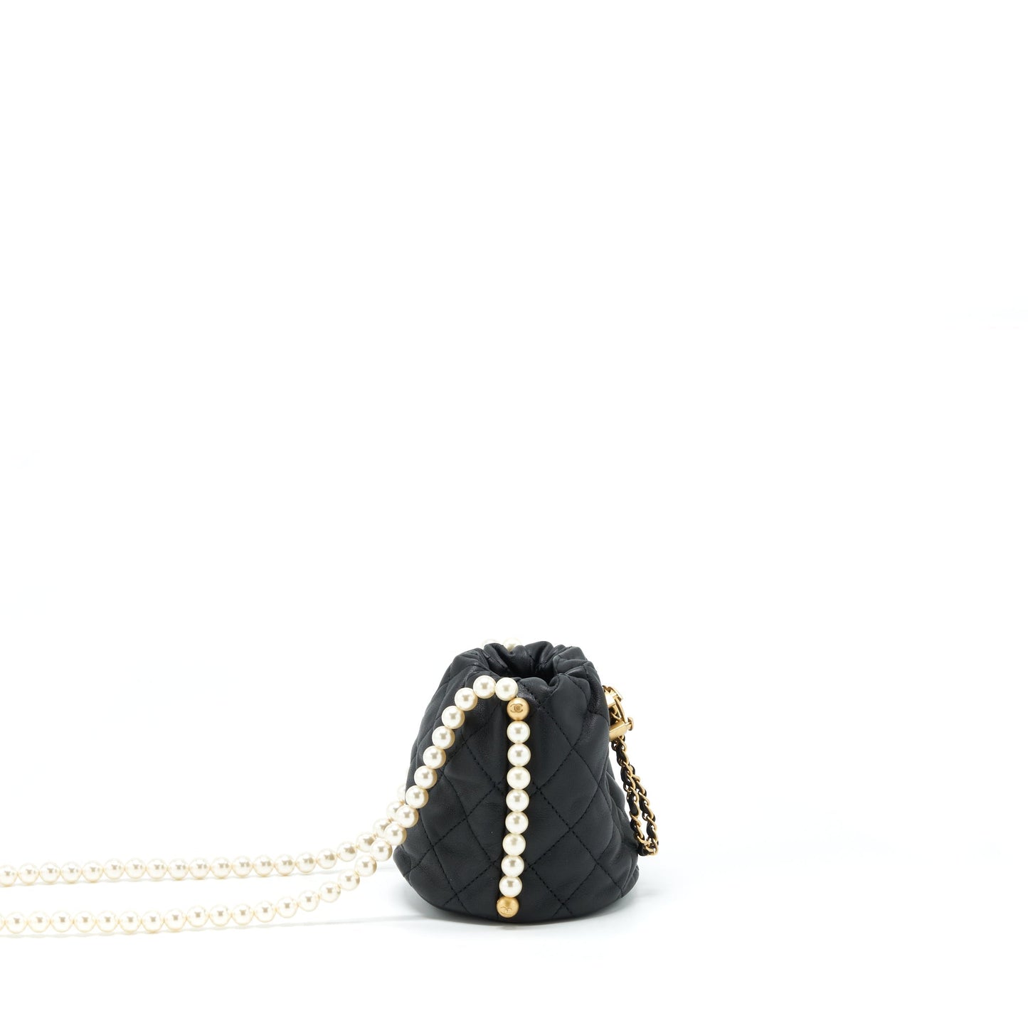 Chanel Mini Bucket Bag With Pearl Chain Lambskin Black