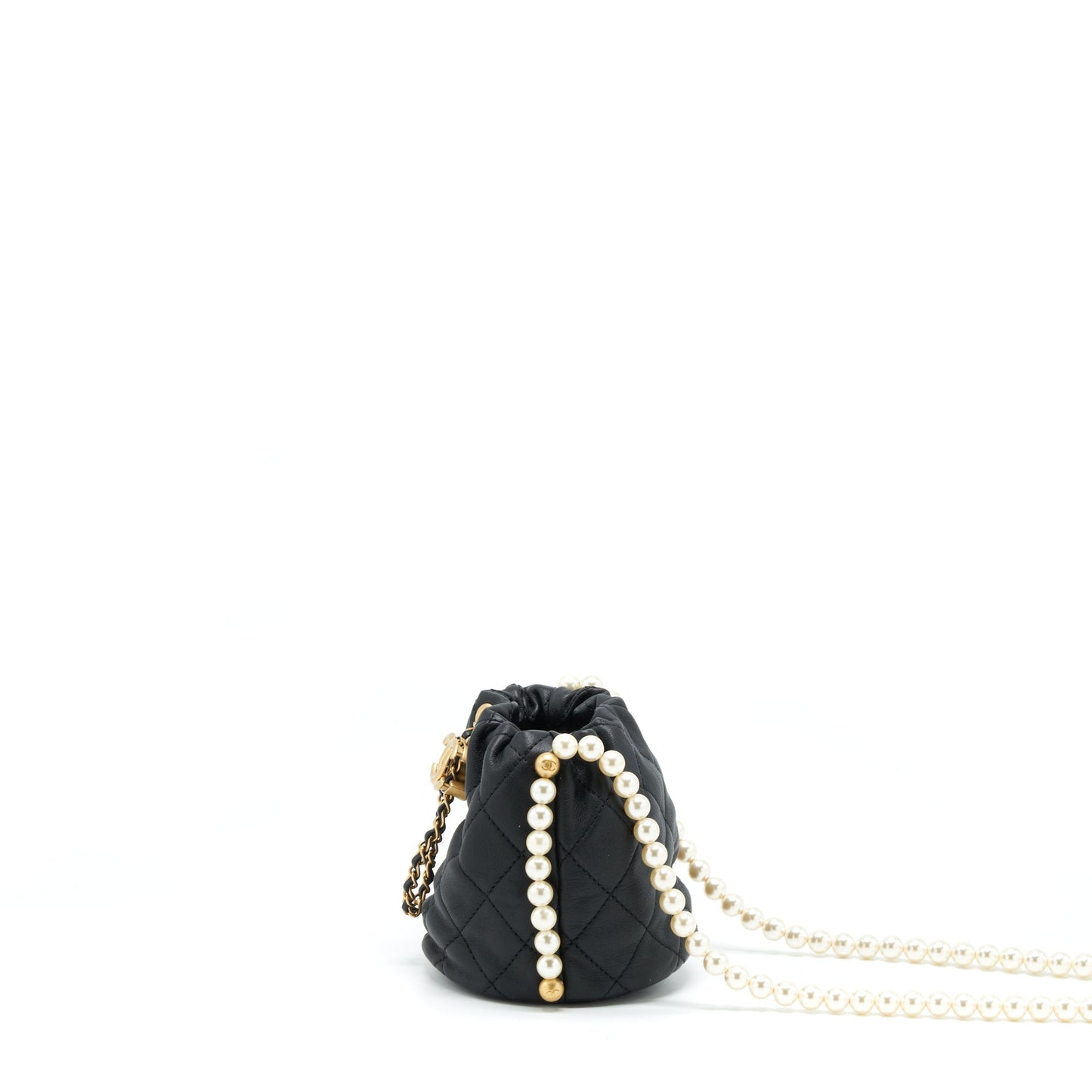 Chanel Mini Bucket Bag With Pearl Chain Lambskin Black