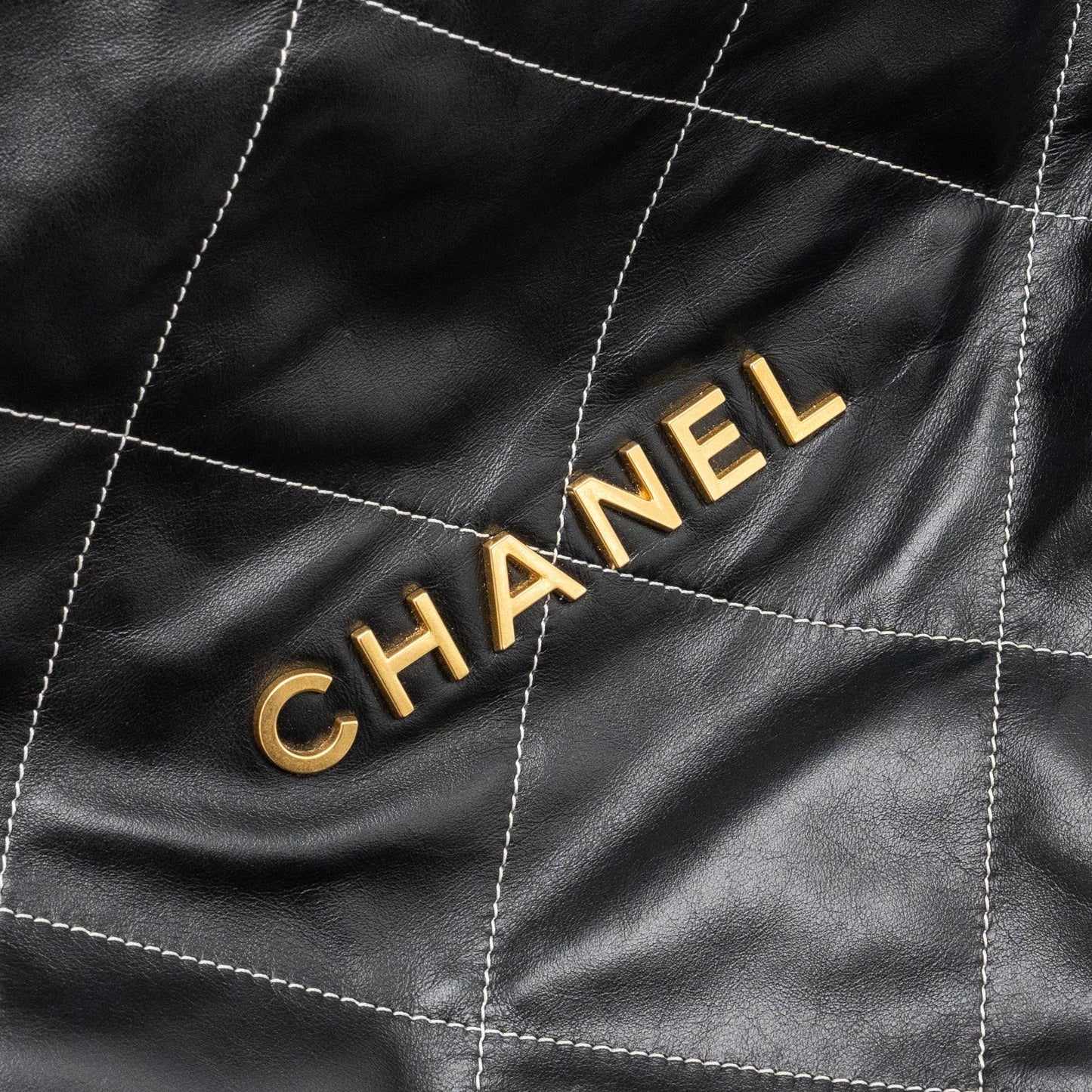 Chanel Medium 22 Bag Shiny Calfskin Black With White Stitching Gold Letter  (Microchip)