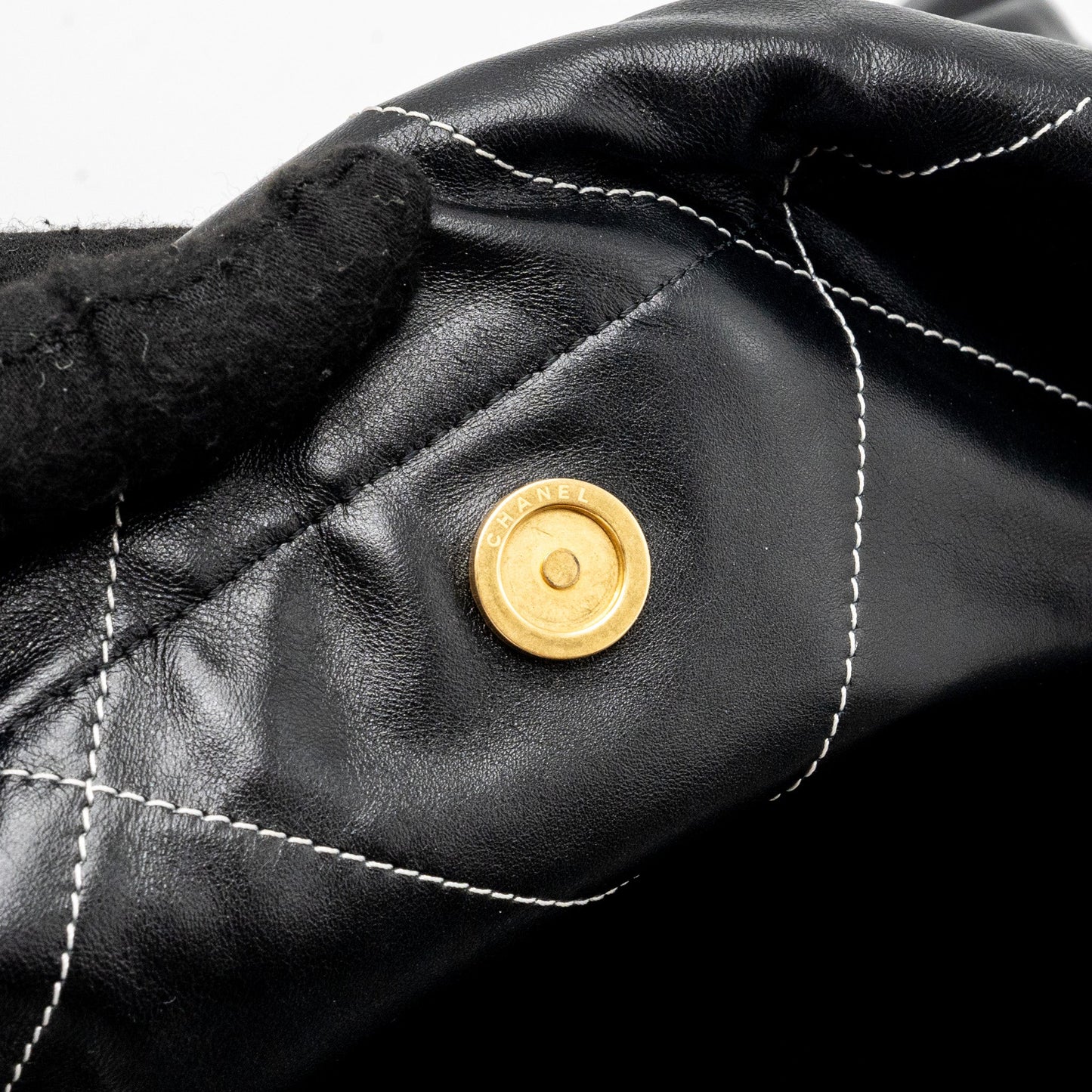 Chanel Medium 22 Bag Shiny Calfskin Black With White Stitching Gold Letter  (Microchip)