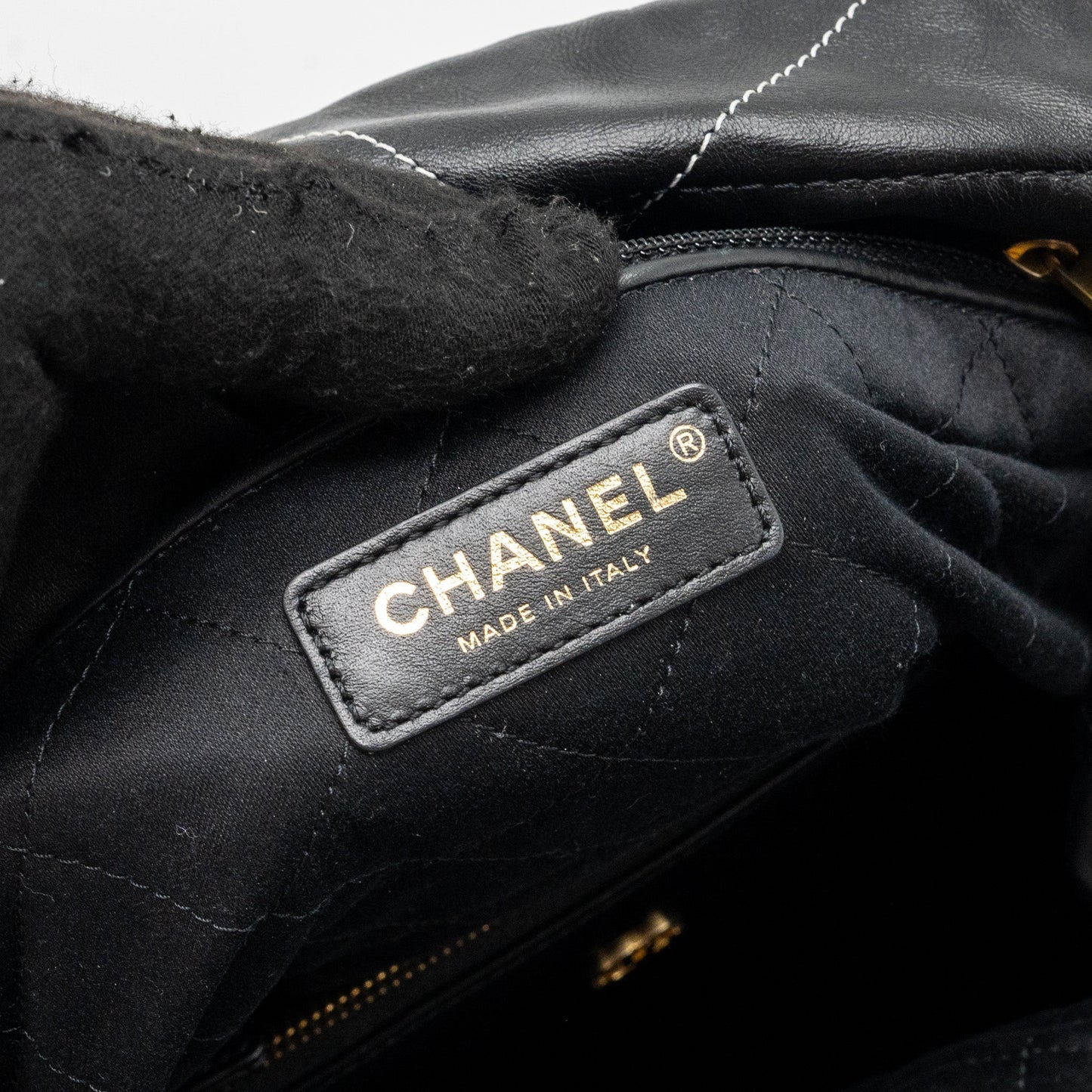 Chanel Medium 22 Bag Shiny Calfskin Black With White Stitching Gold Letter  (Microchip)