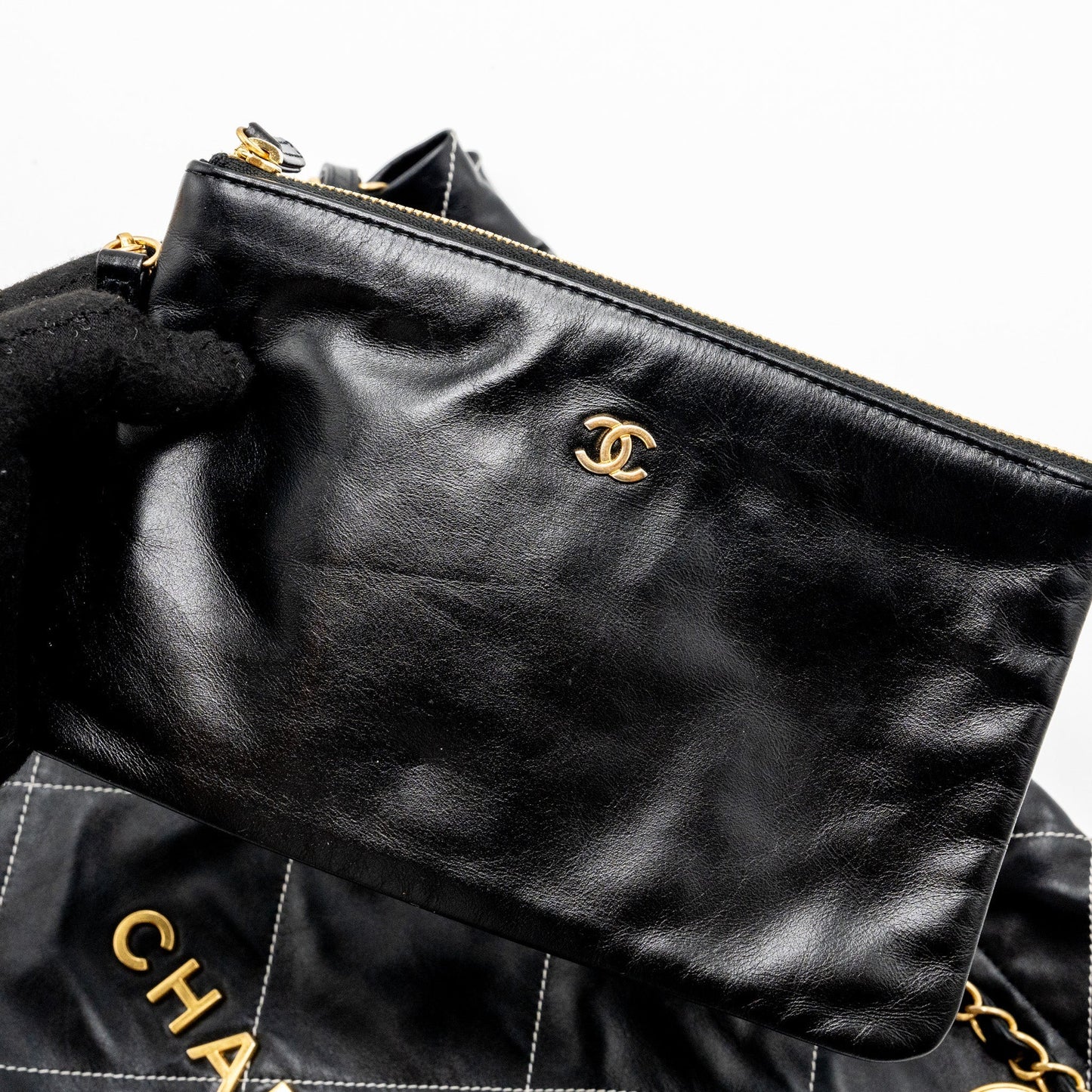 Chanel Medium 22 Bag Shiny Calfskin Black With White Stitching Gold Letter  (Microchip)
