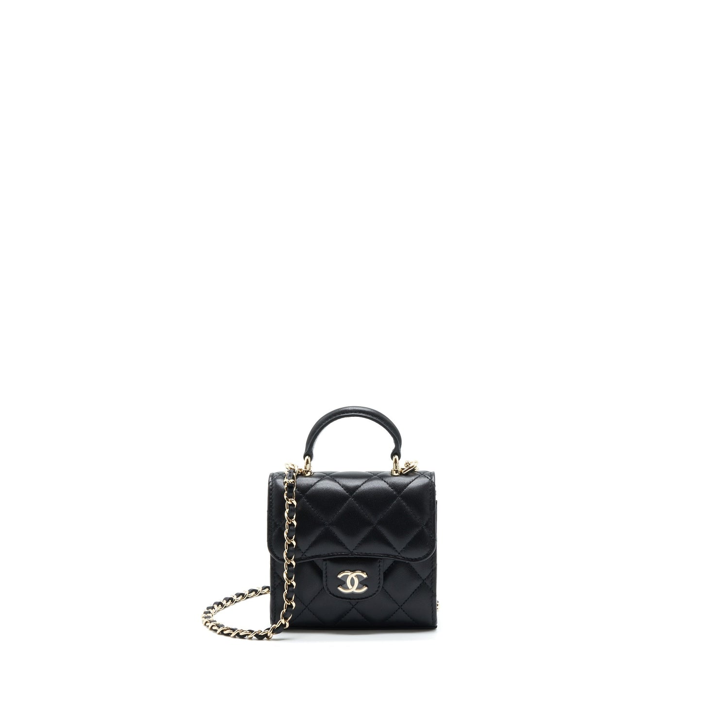 Chanel 22P Top Handle Mini Flap Bag With Chain Lambskin Black L