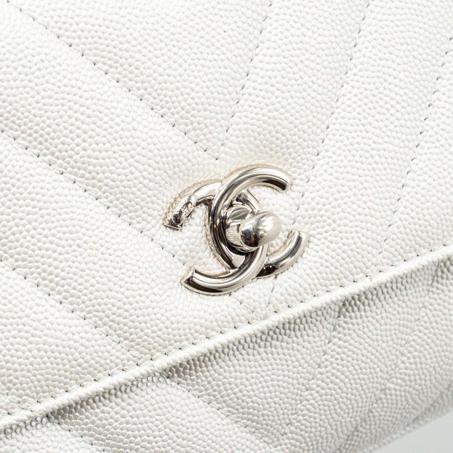 Chanel chevron small coco handle caviar iridescent white