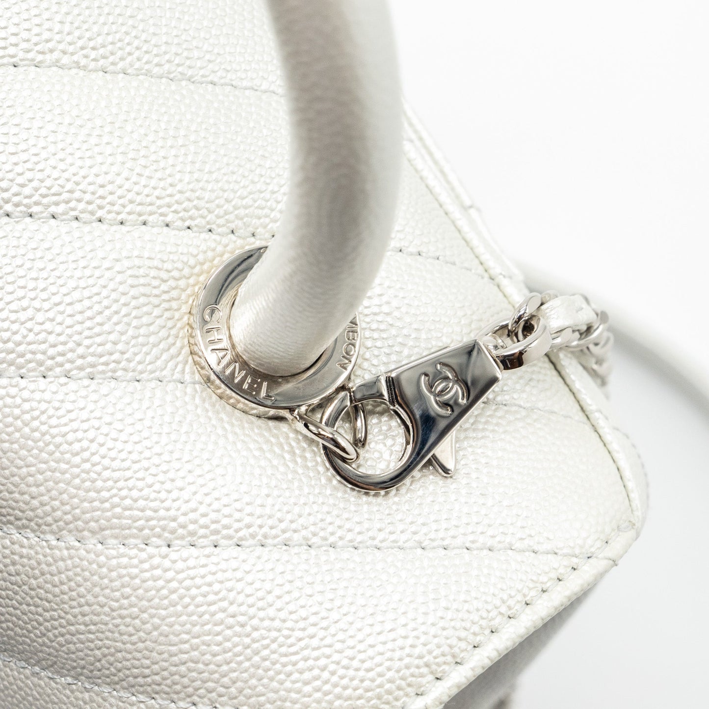 Chanel chevron small coco handle caviar iridescent white