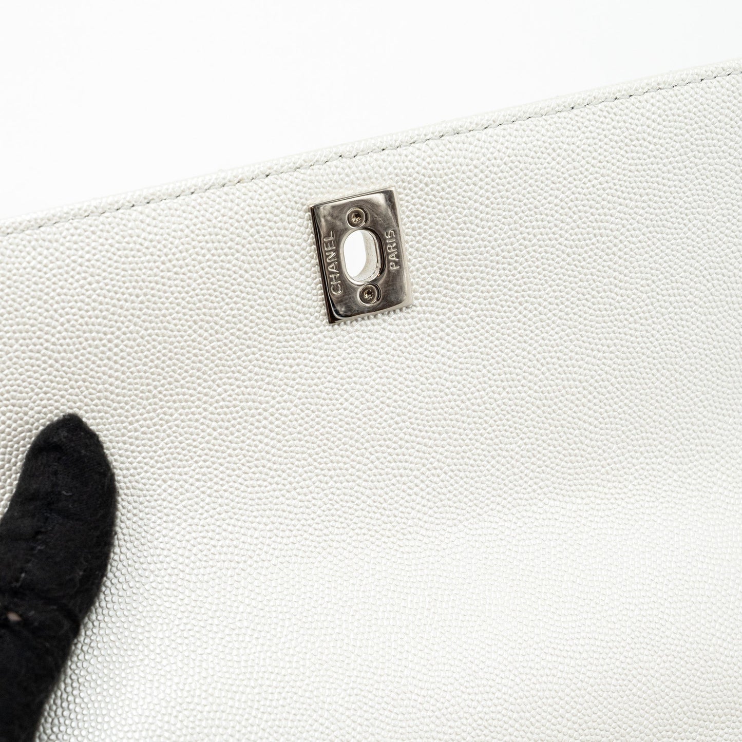 Chanel chevron small coco handle caviar iridescent white