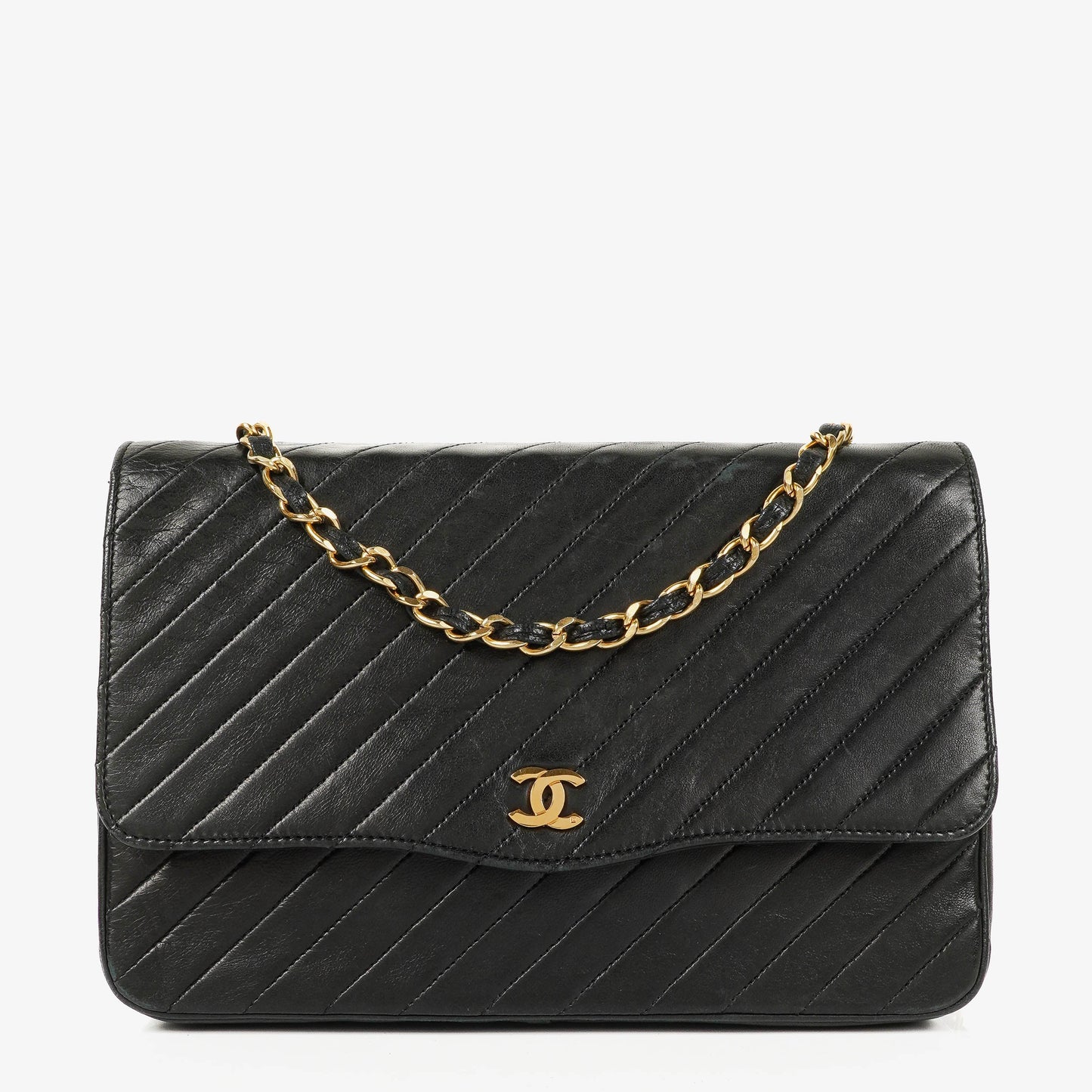 Chanel Classic Single Flap Bag Black Diagonal Quilted Lambskin 24K Gold-Plated Hardware