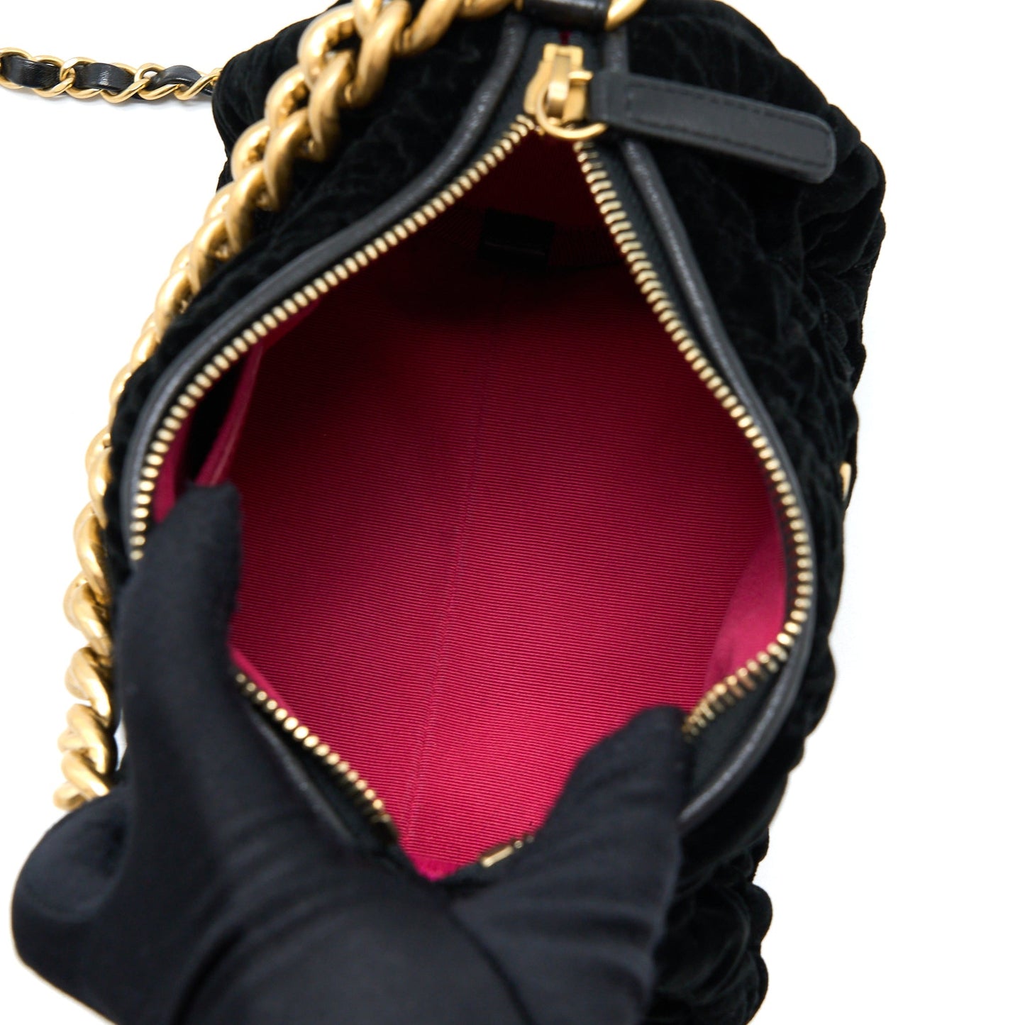 Chanel Mini Boston Bag with Chain Camellia Velvet Black  (Microchip)