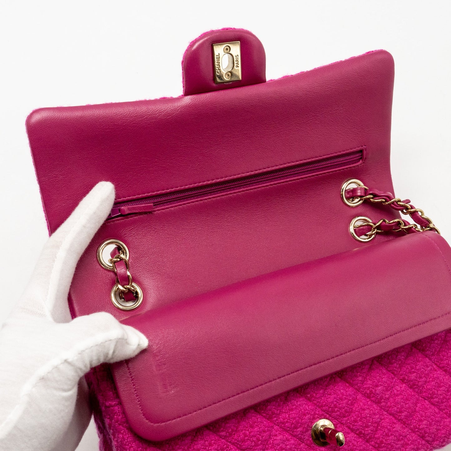 Chanel Medium Classic Double Flap Bag Tweed Pink L (Microchip)