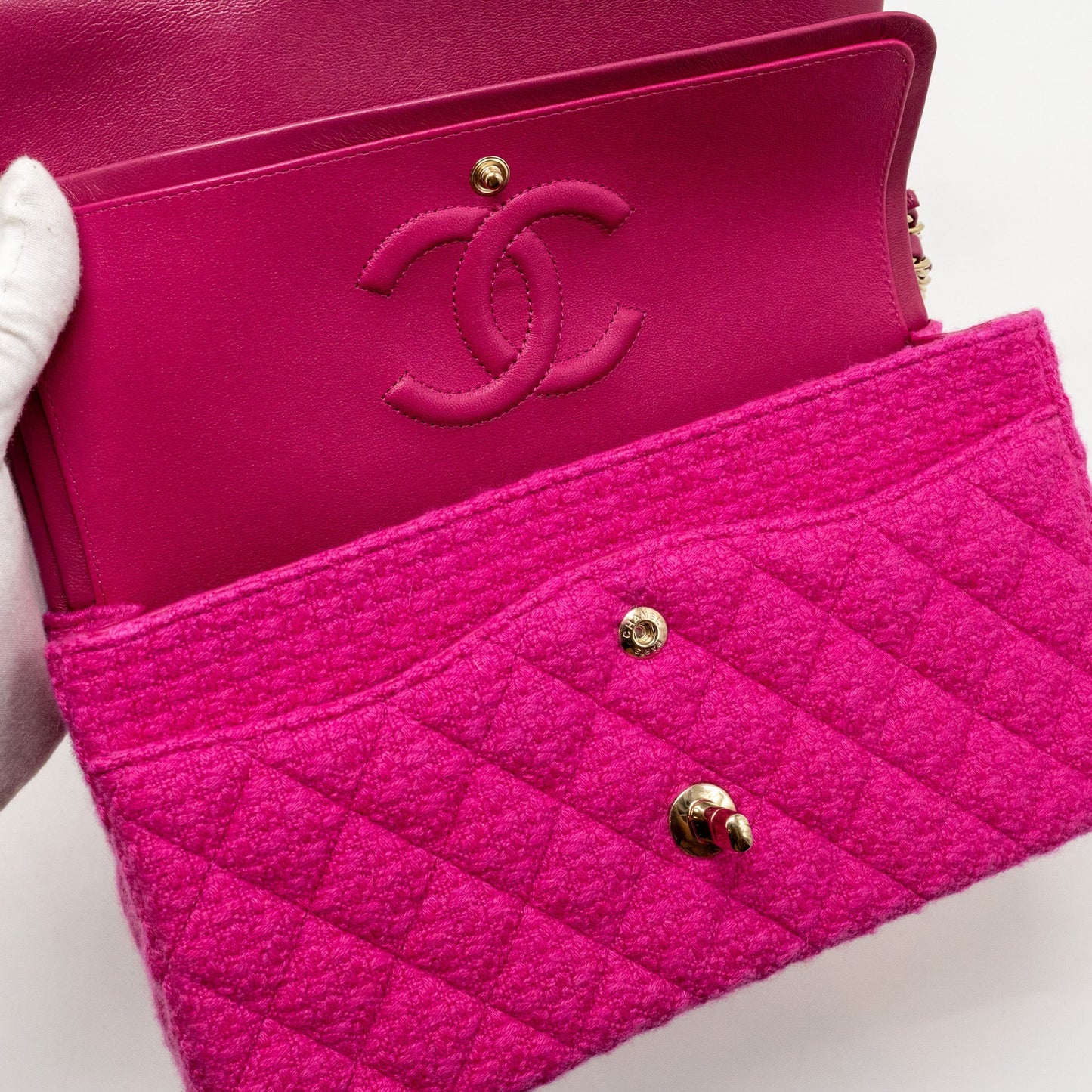 Chanel Medium Classic Double Flap Bag Tweed Pink L (Microchip)