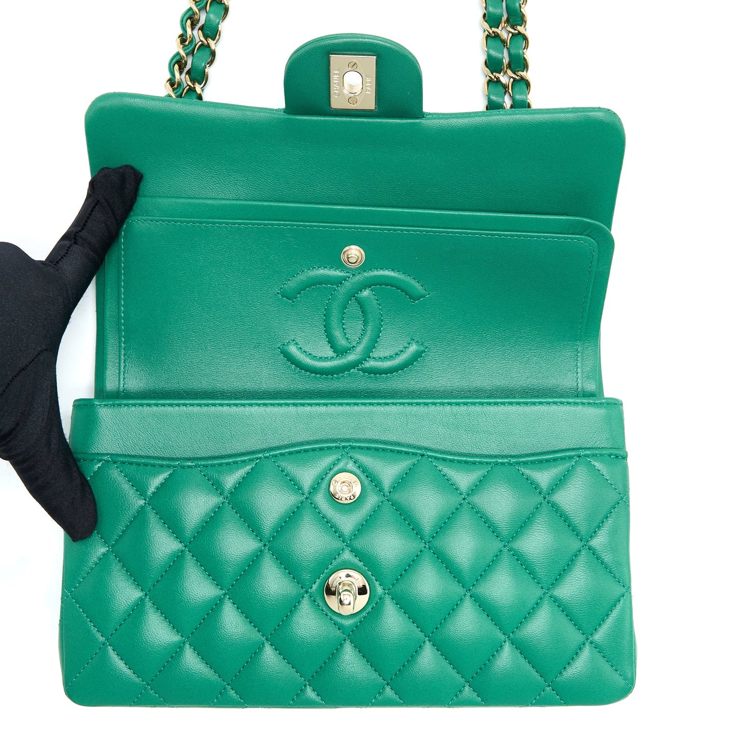 Chanel Small Classic Double Flap Bag Lambskin Green L(Microchip)