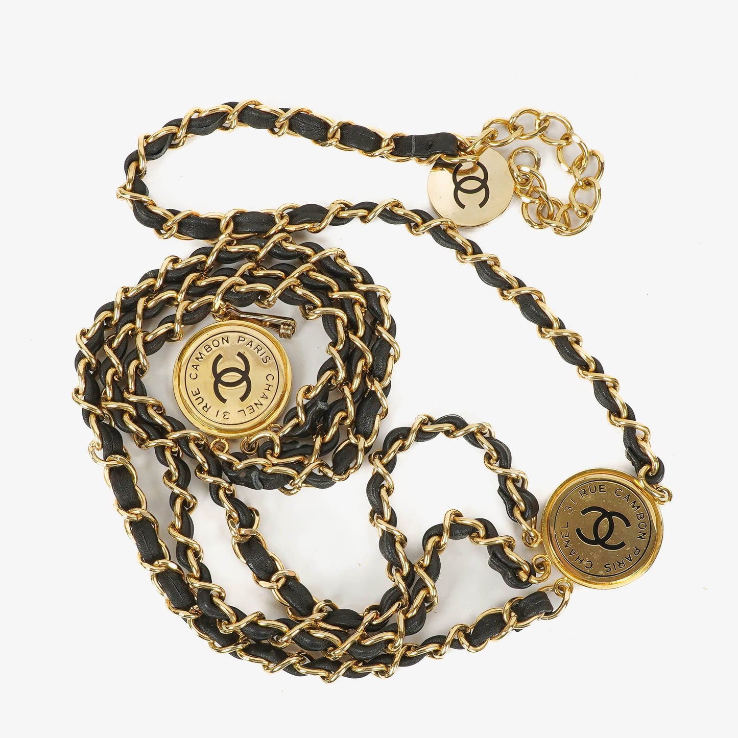 Chanel Gold Chain And Black Leather Coin Belt