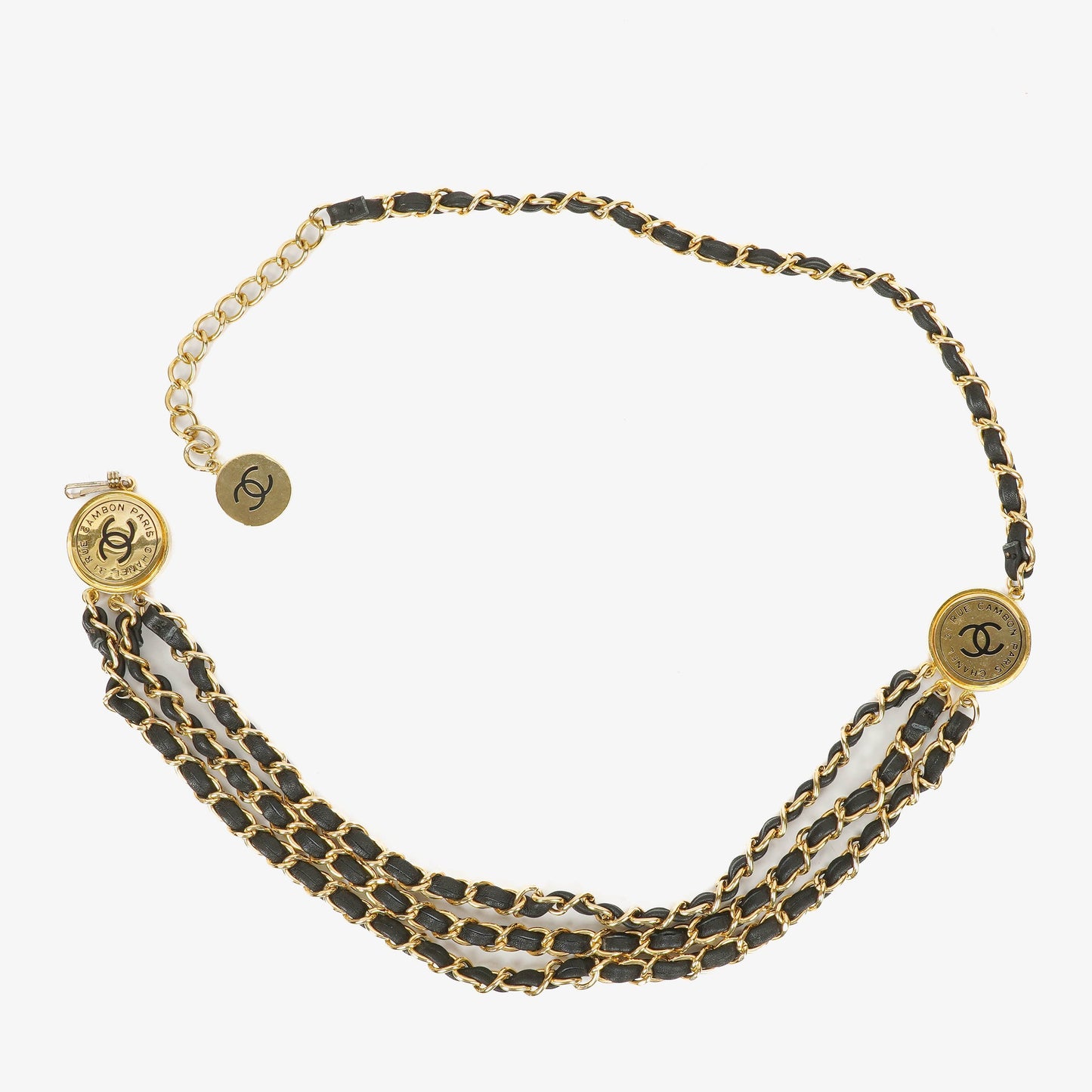 Chanel Gold Chain And Black Leather Coin Belt