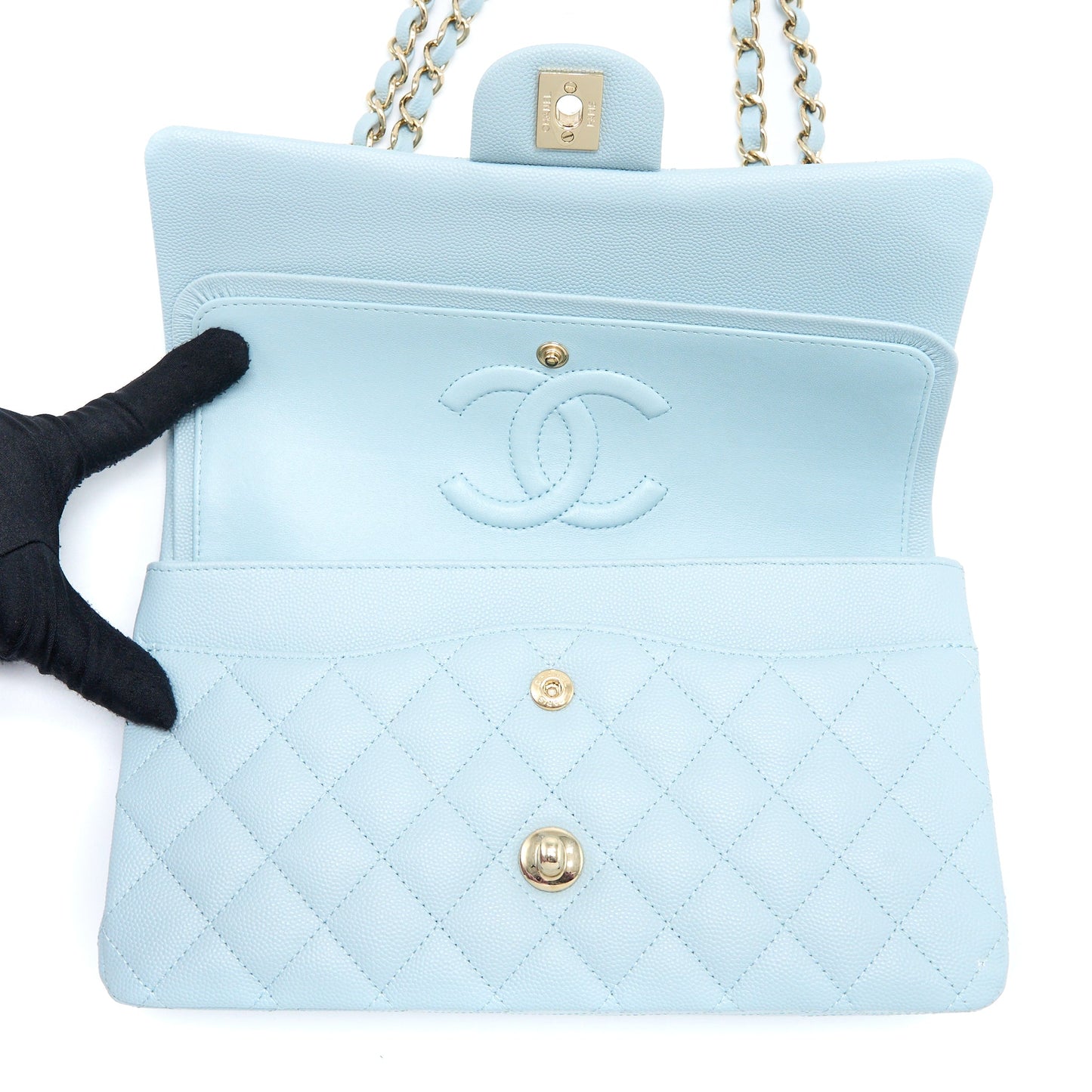 Chanel Medium Classic Double Flap Bag Caviar Light Blue L (Microchip)