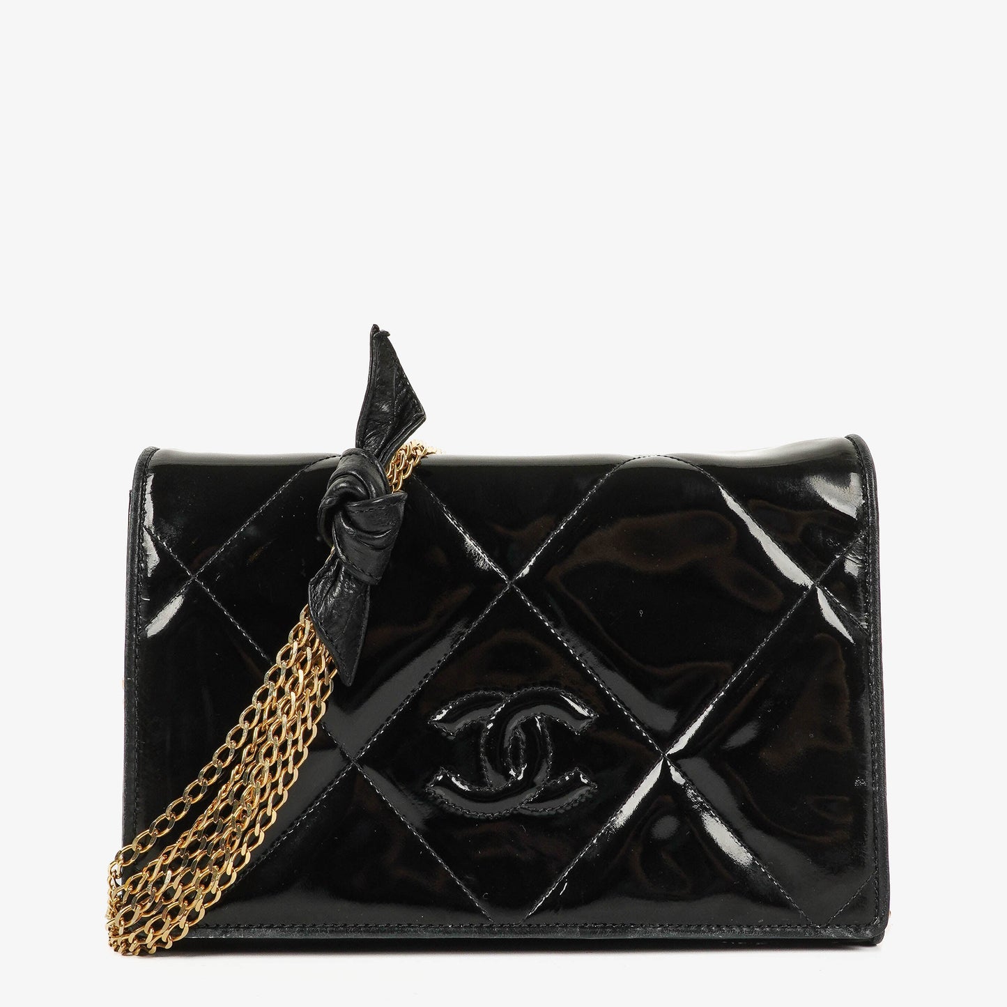 Chanel CC Black Patent Leather Multi Chain Shoulder Bag