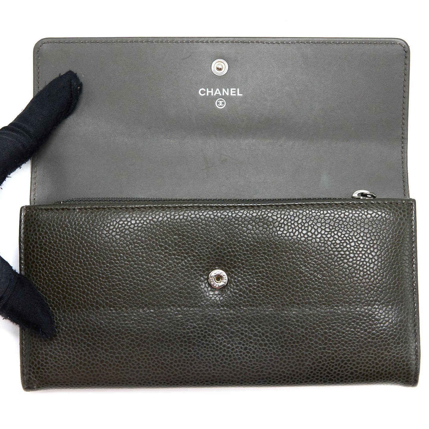 Chanel CC Logo Flap Long Wallet Caviar Dark Olive Green