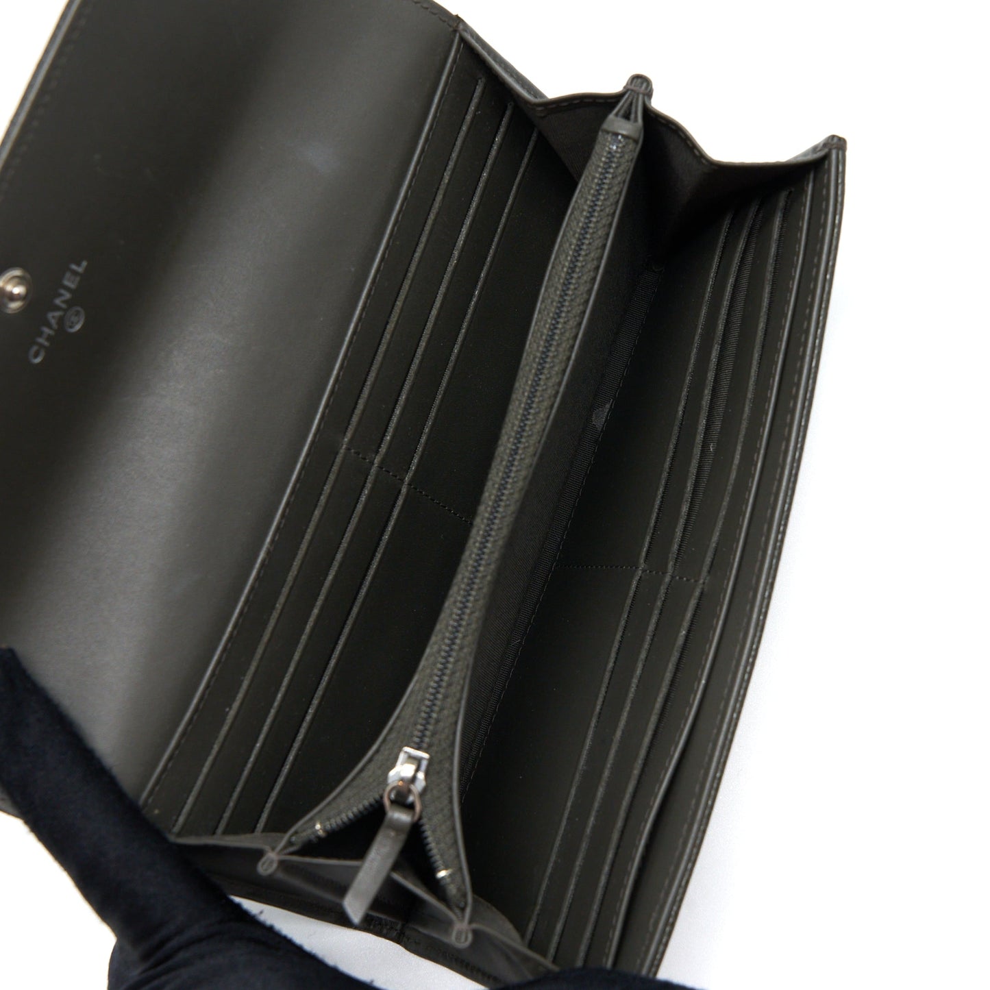 Chanel CC Logo Flap Long Wallet Caviar Dark Olive Green