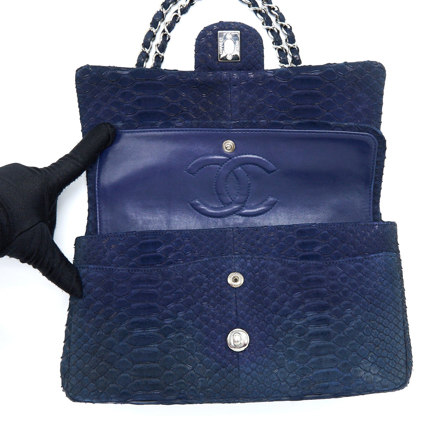 Chanel Medium Classic Double Flap Bag Python Dark Blue