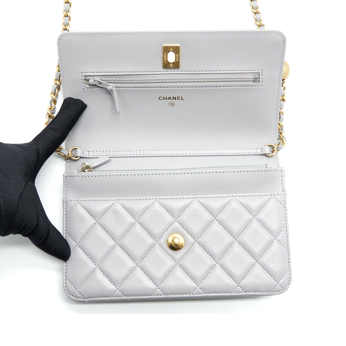 Chanel Pearl Crush Wallet On Chain Lambskin Grey Brushed  (Microchip)