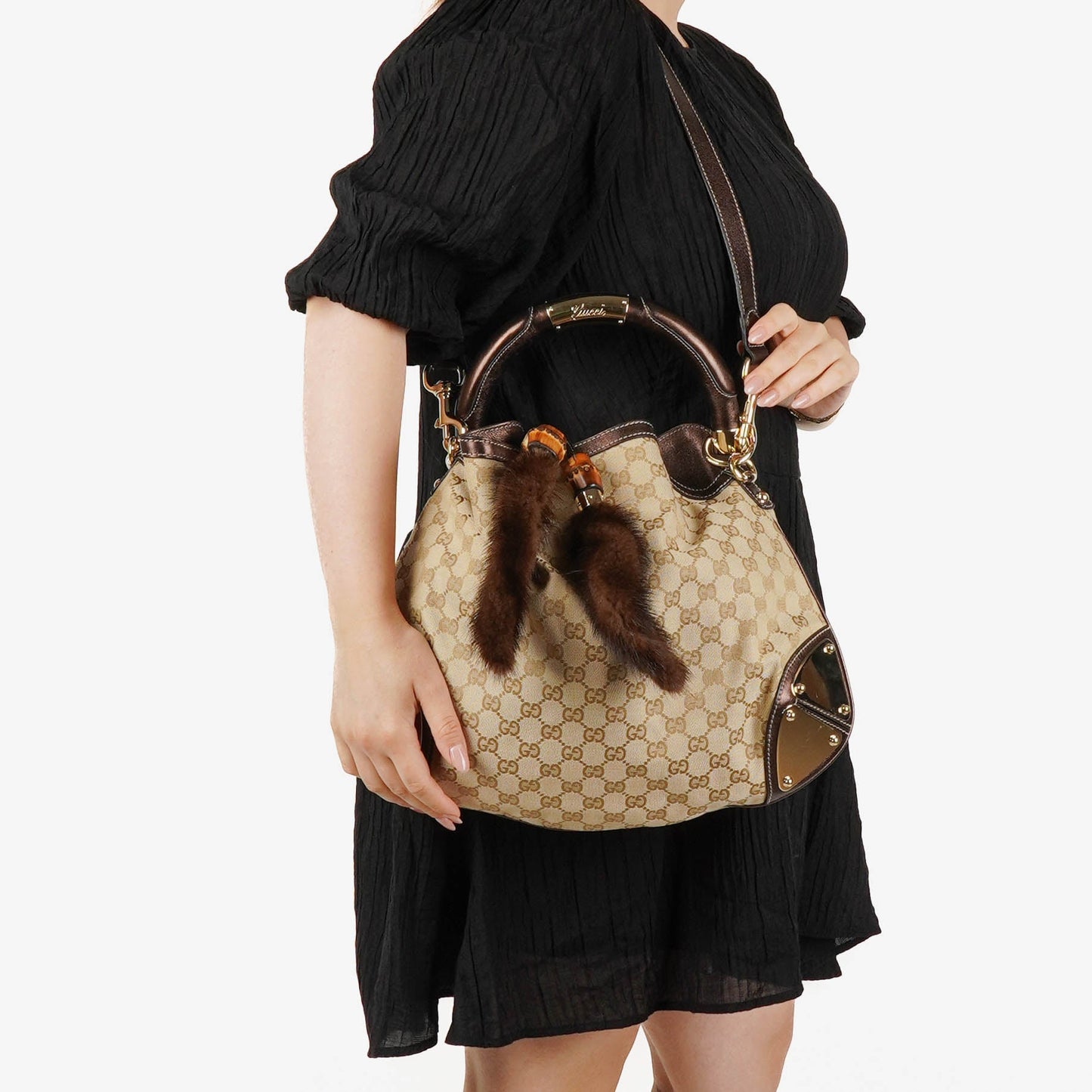 Gucci Monogram Canvas Mink Indy Top Handle Bag