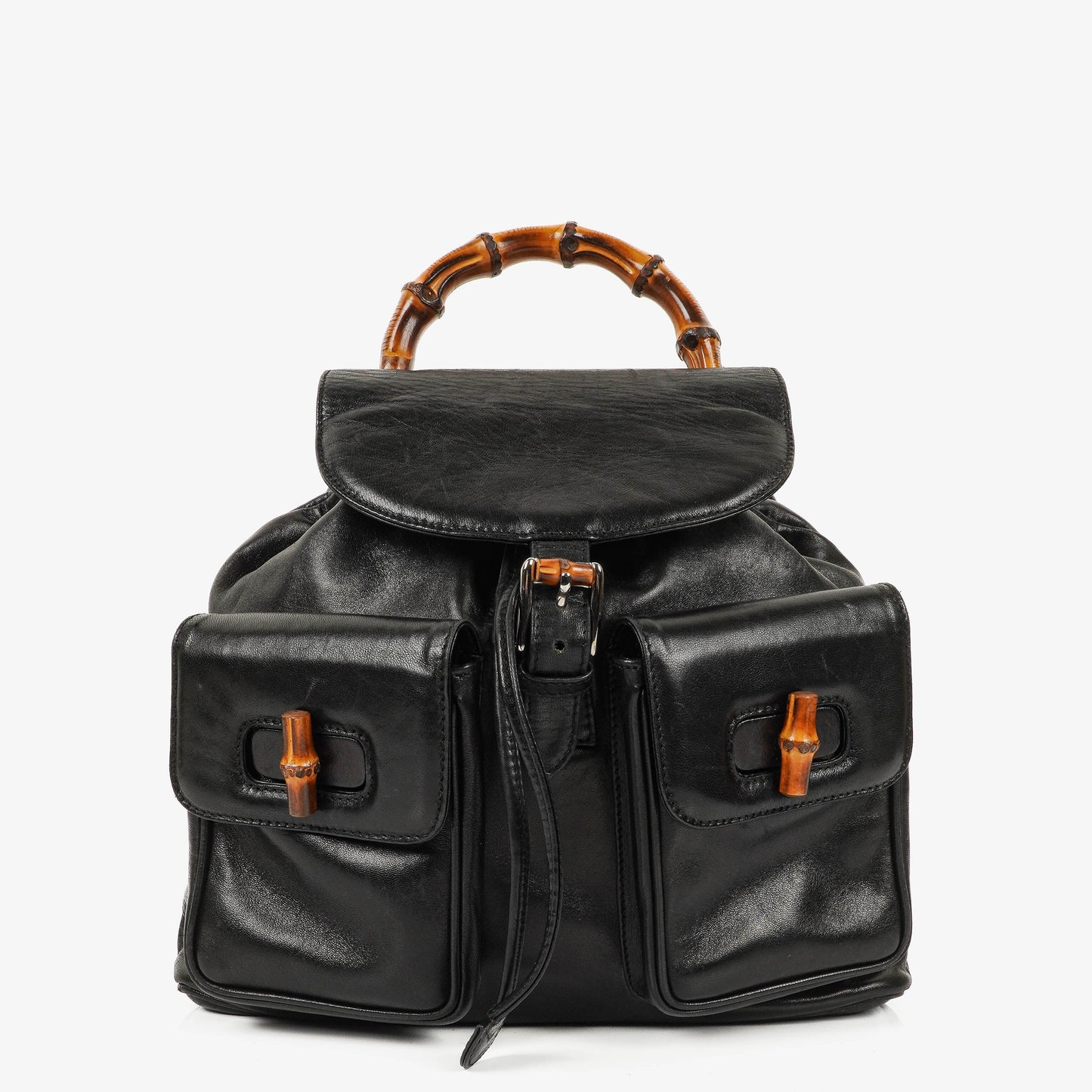 Gucci Vintage Black Leather Bamboo Backpack