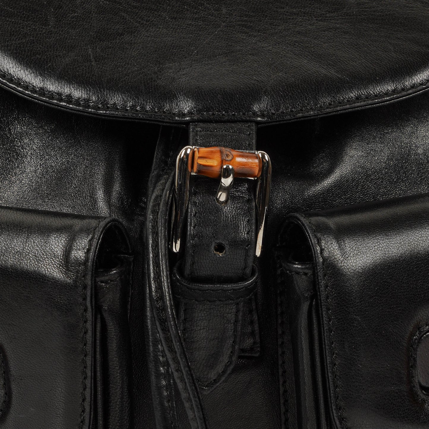 Gucci Vintage Black Leather Bamboo Backpack