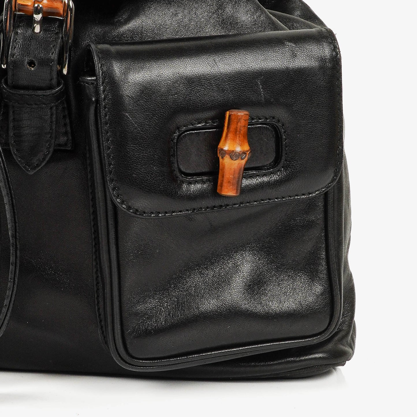 Gucci Vintage Black Leather Bamboo Backpack