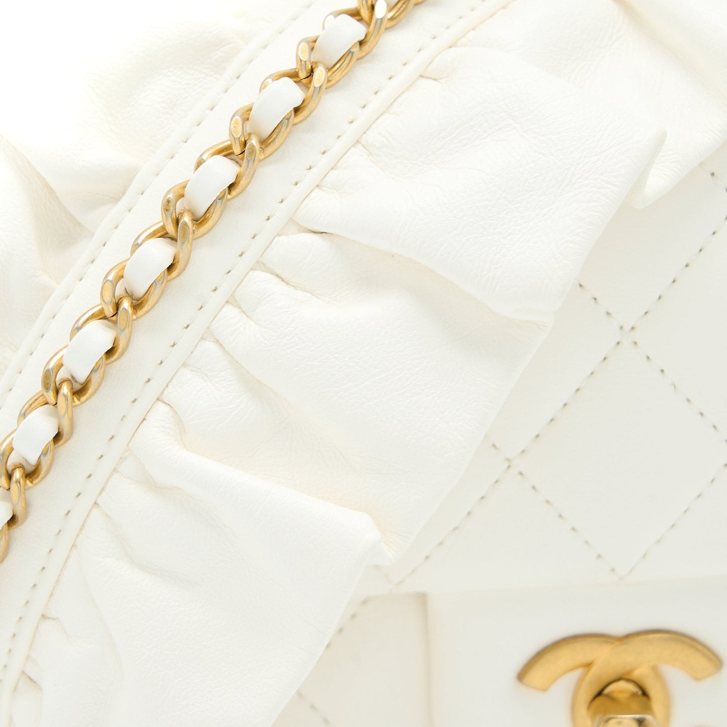 Chanel Mini Square Flap Bag with Detailed Ribbon Chain Lambskin White