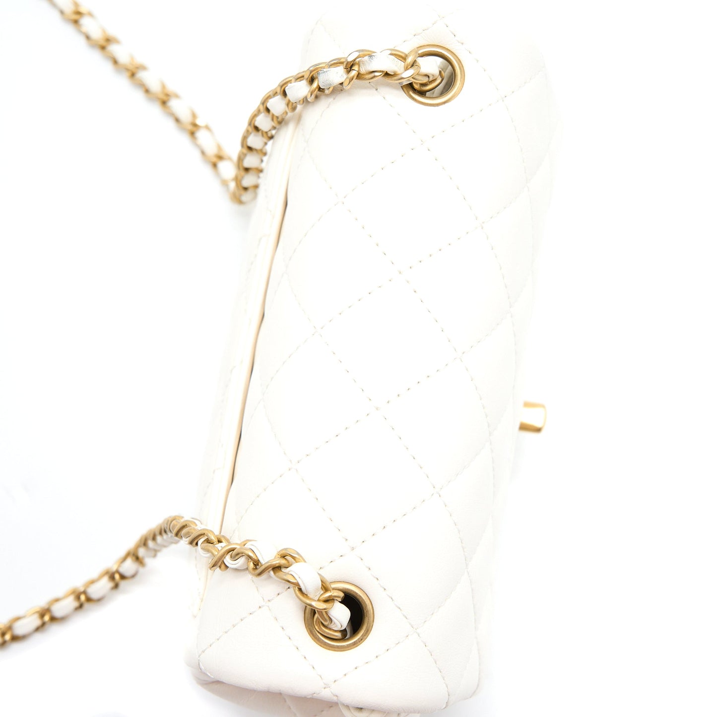 Chanel Mini Square Flap Bag with Detailed Ribbon Chain Lambskin White