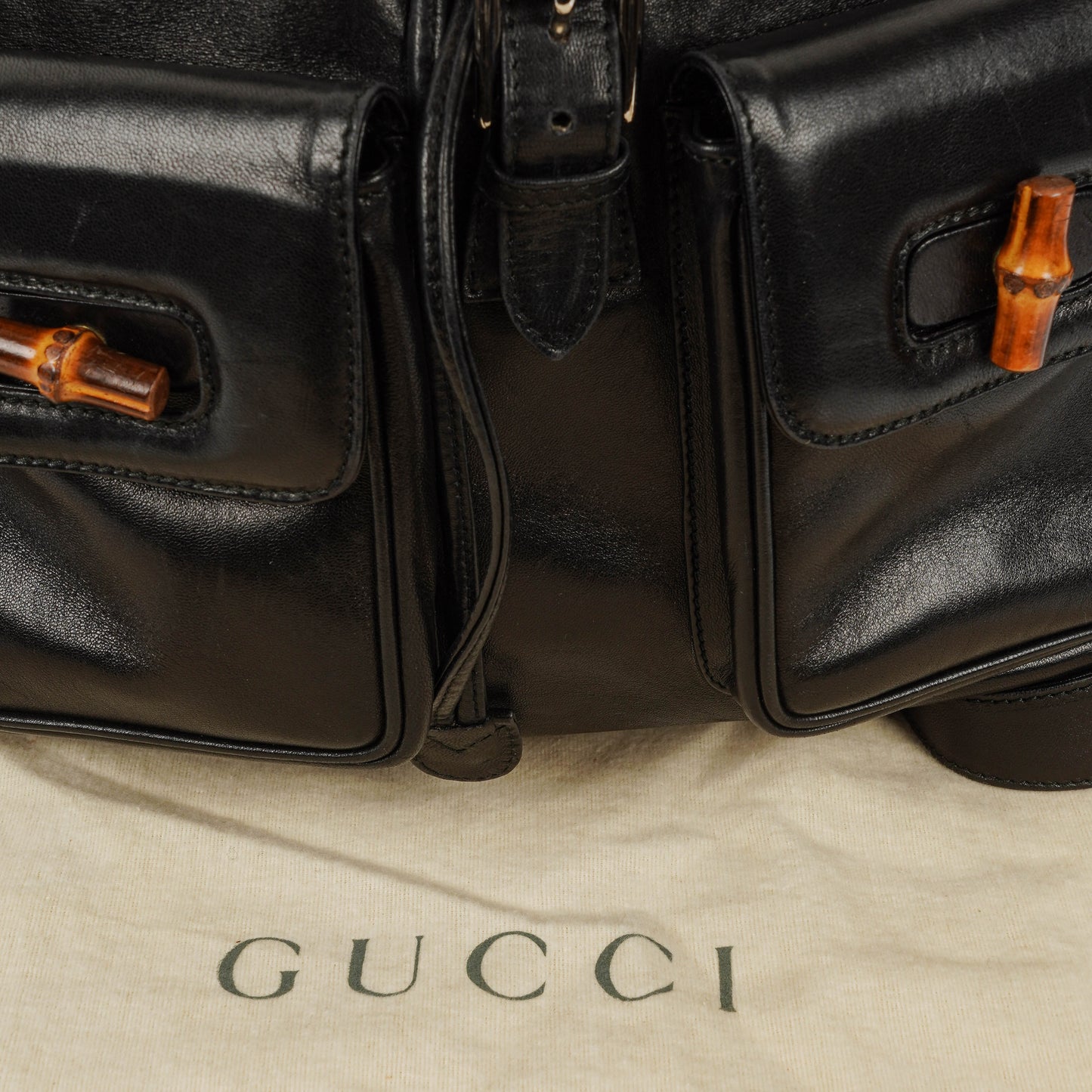 Gucci Vintage Black Leather Bamboo Backpack