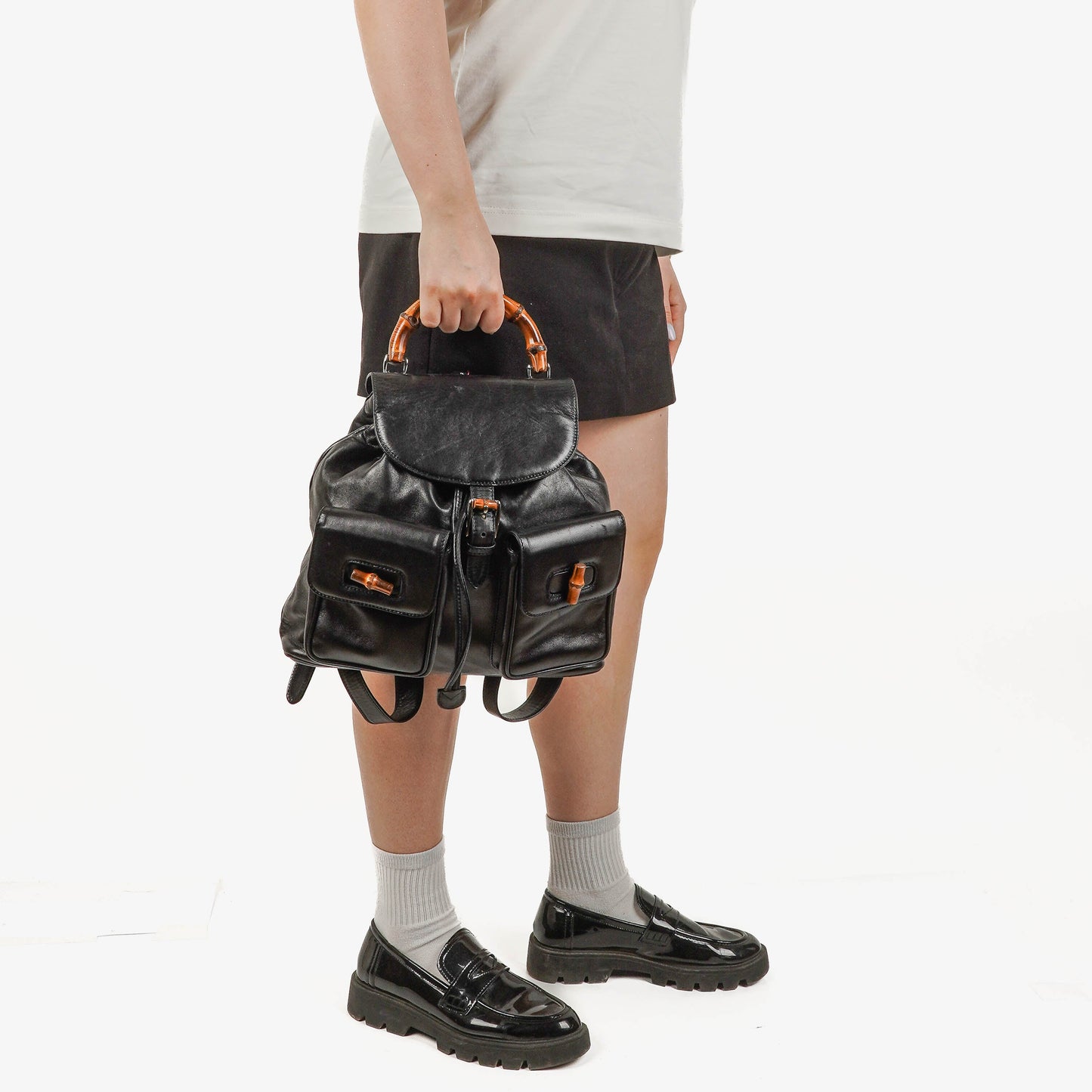 Gucci Vintage Black Leather Bamboo Backpack